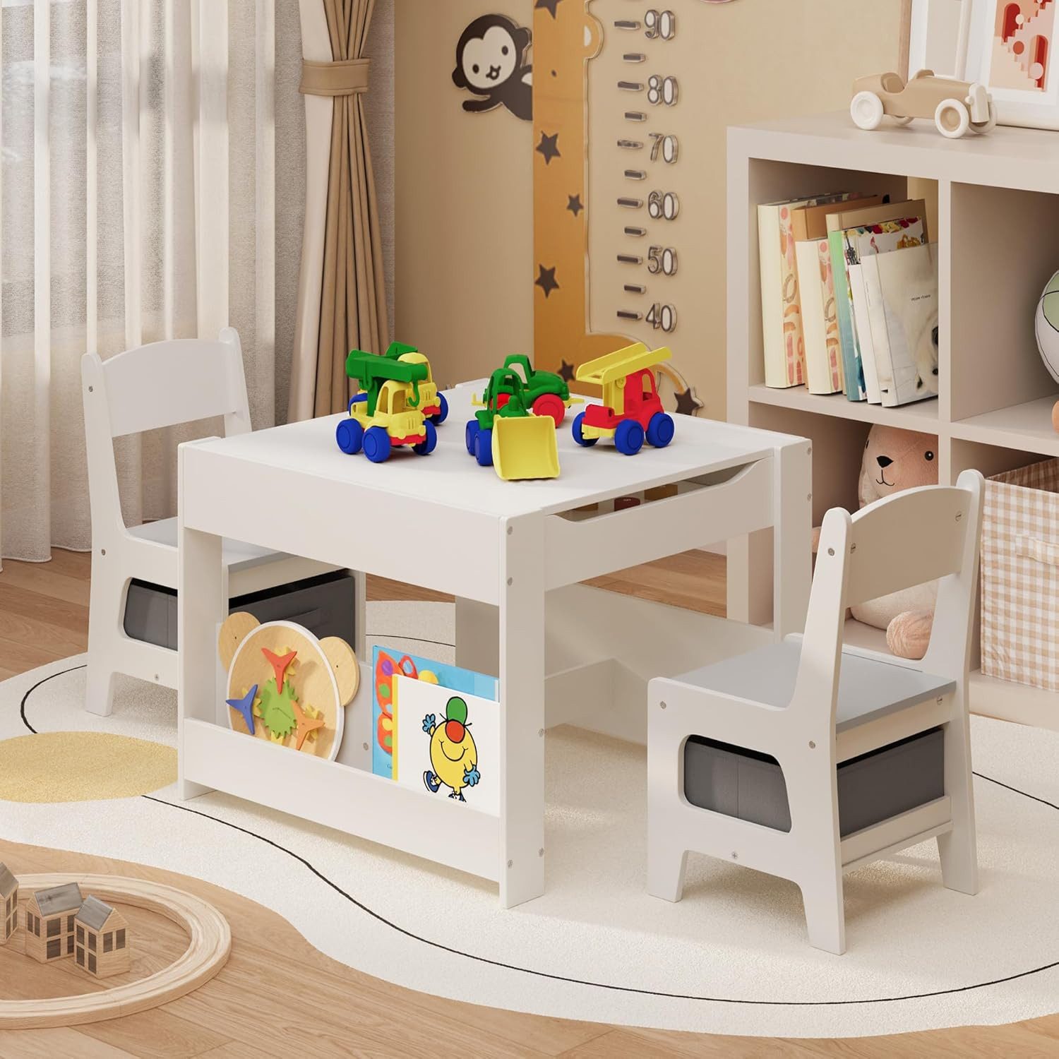 Blishom Kindersitzgruppe Kindertisch-Set 4-in-1 mit Stauraum Holzwerkstoff 61,5x61,5x48 cm, (3-tlg., Kindertisch mit 2 Stühlen), umklappbare tischplatte, Tische – Bild 4 von 5