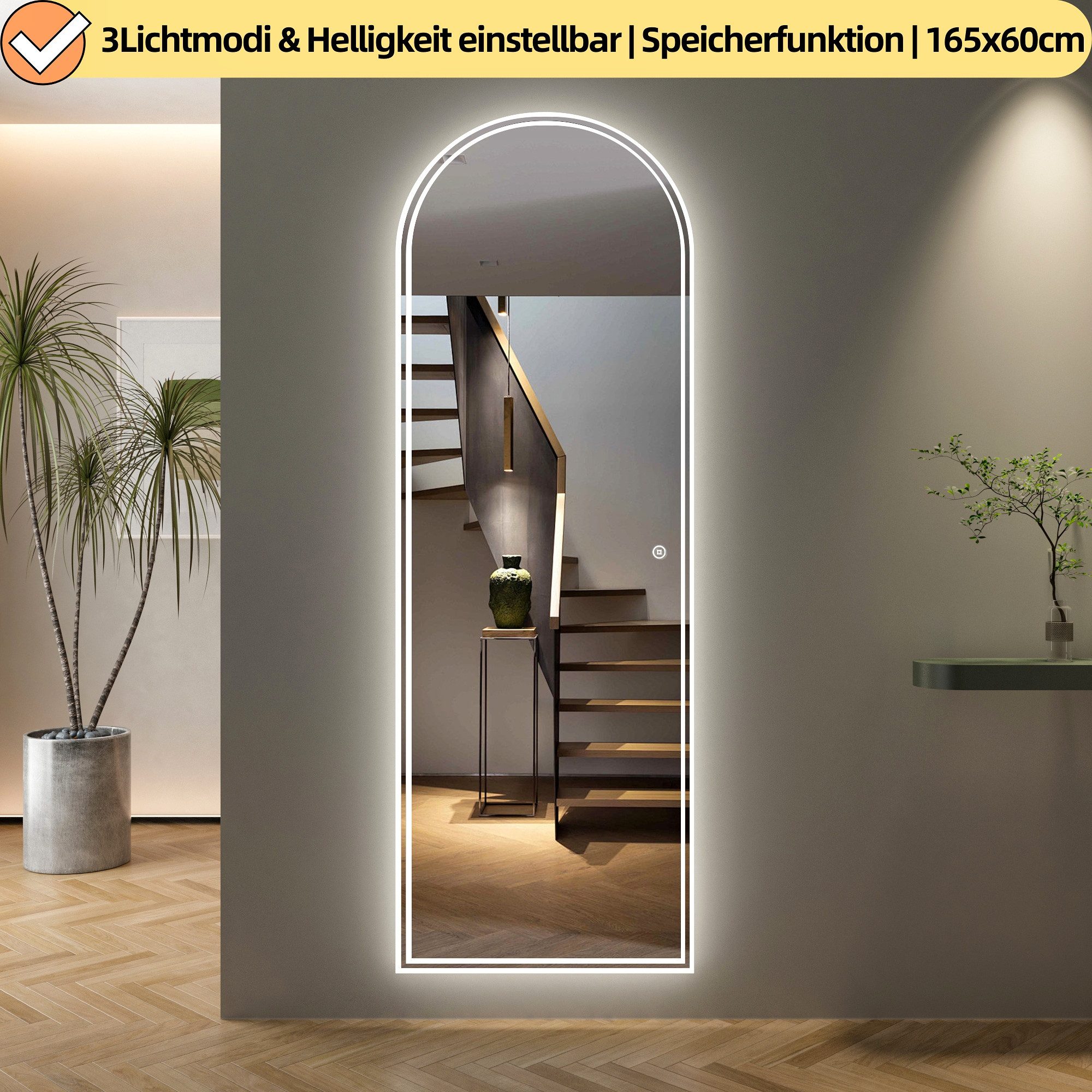 WDWRITTI Ganzkörperspiegel Rahmenlos LED Ganzkörperspiegel Wandspiegel groß asymmetrisch (Flurspiegel Modern mit 3Lichtfarben, Dimmbar, Speicherfunktion, 165x60cm), für Wohnzimmer Schlafzimmer Garderobe Flur Friseurladen