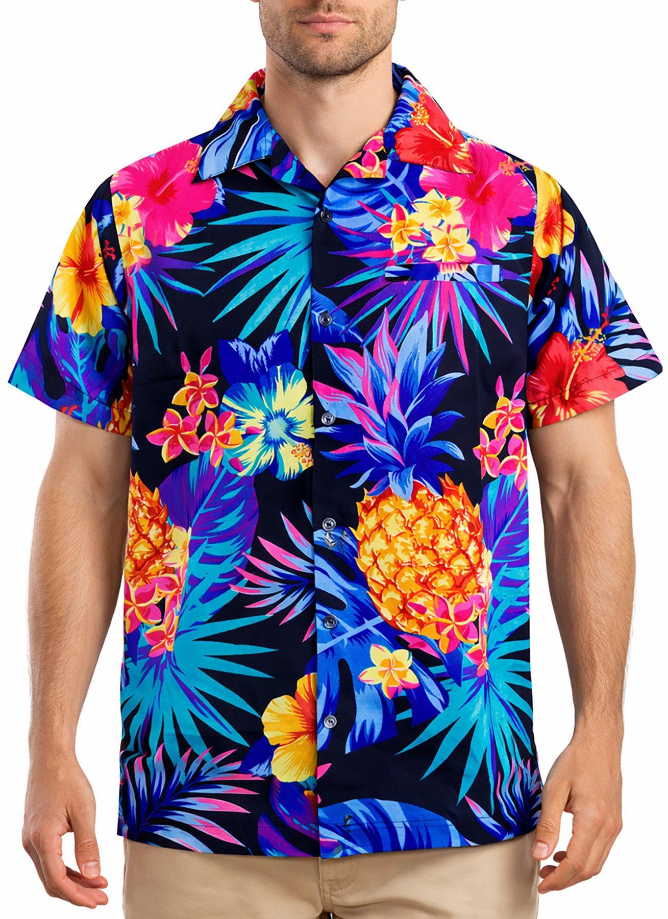 King Kameha Hawaiihemd "Pineapple" Funky Hawaii-Hemd Herren Kurzarm Front-Tasche Stylish