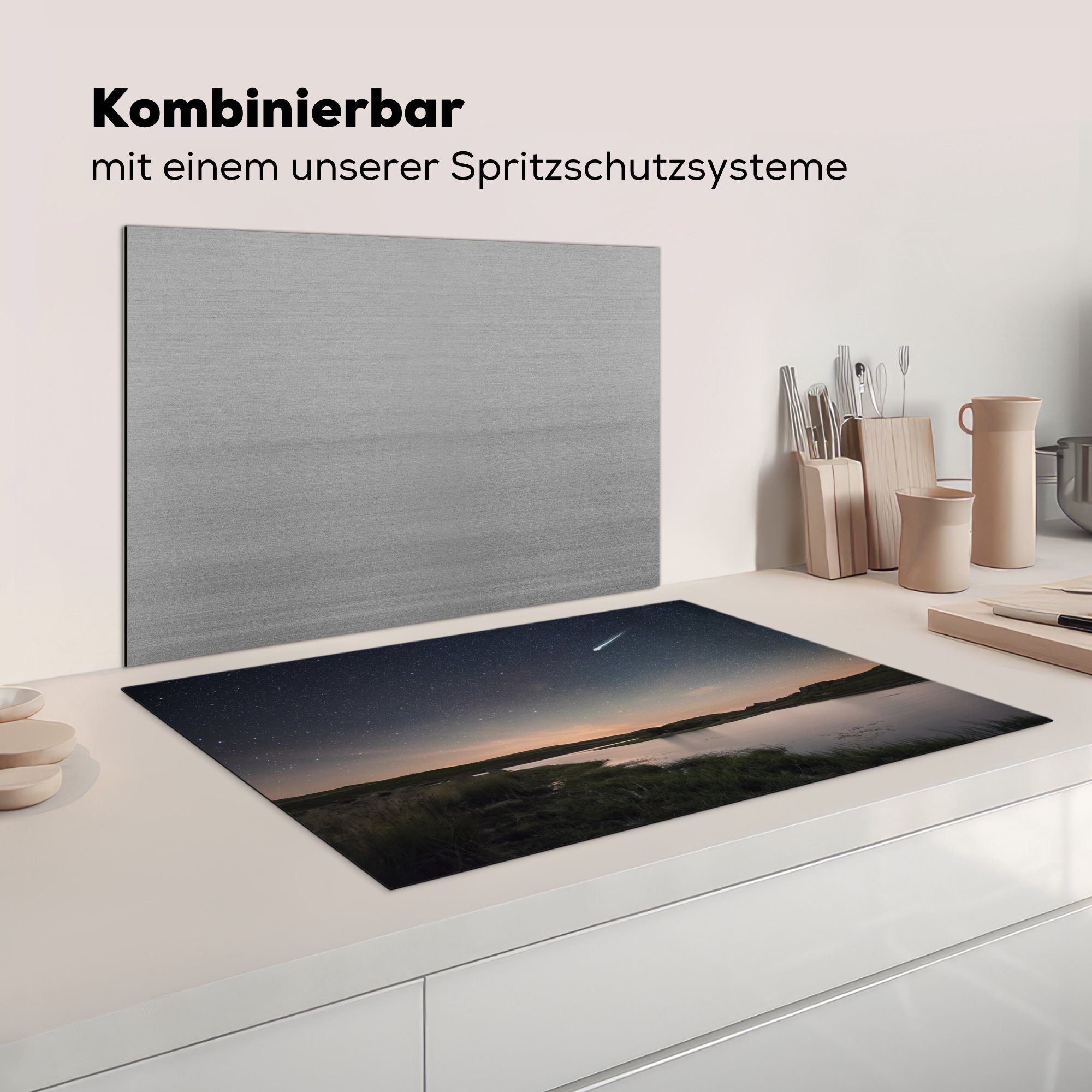 Herdblende-/Abdeckplatte Himmel, 81x52 Vinyl, spanischen die (1 Induktionskochfeld MuchoWow Schutz tlg), cm, Eine küche, für am Ceranfeldabdeckung Sternschnuppe