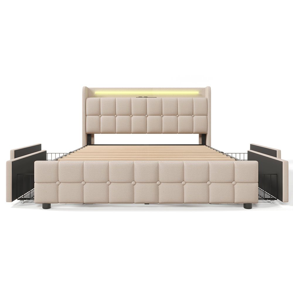 Polsterbett (Stauraumbett mit Lattenrost), Dopplebett 180x200cm mit LED-Beleuchtung, Ladefunktion & 4 Schubladen