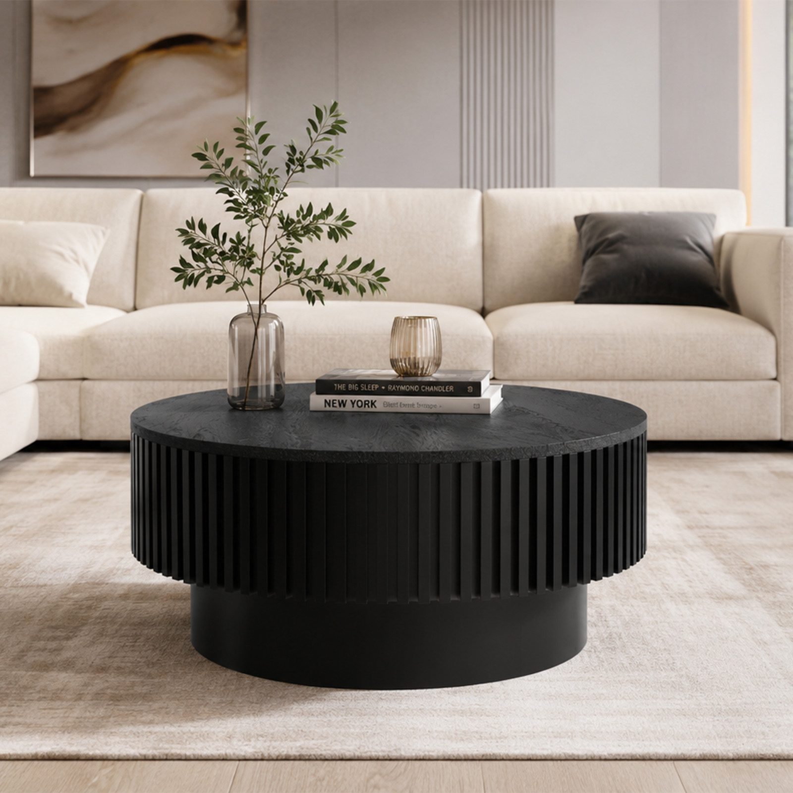 TWSOUL Couchtisch Runder Couchtisch mit Stauraum – Beistelltisch mit halbem Klappdeckel, für Wohnzimmer,Massivholz-Optik,80x35 cm