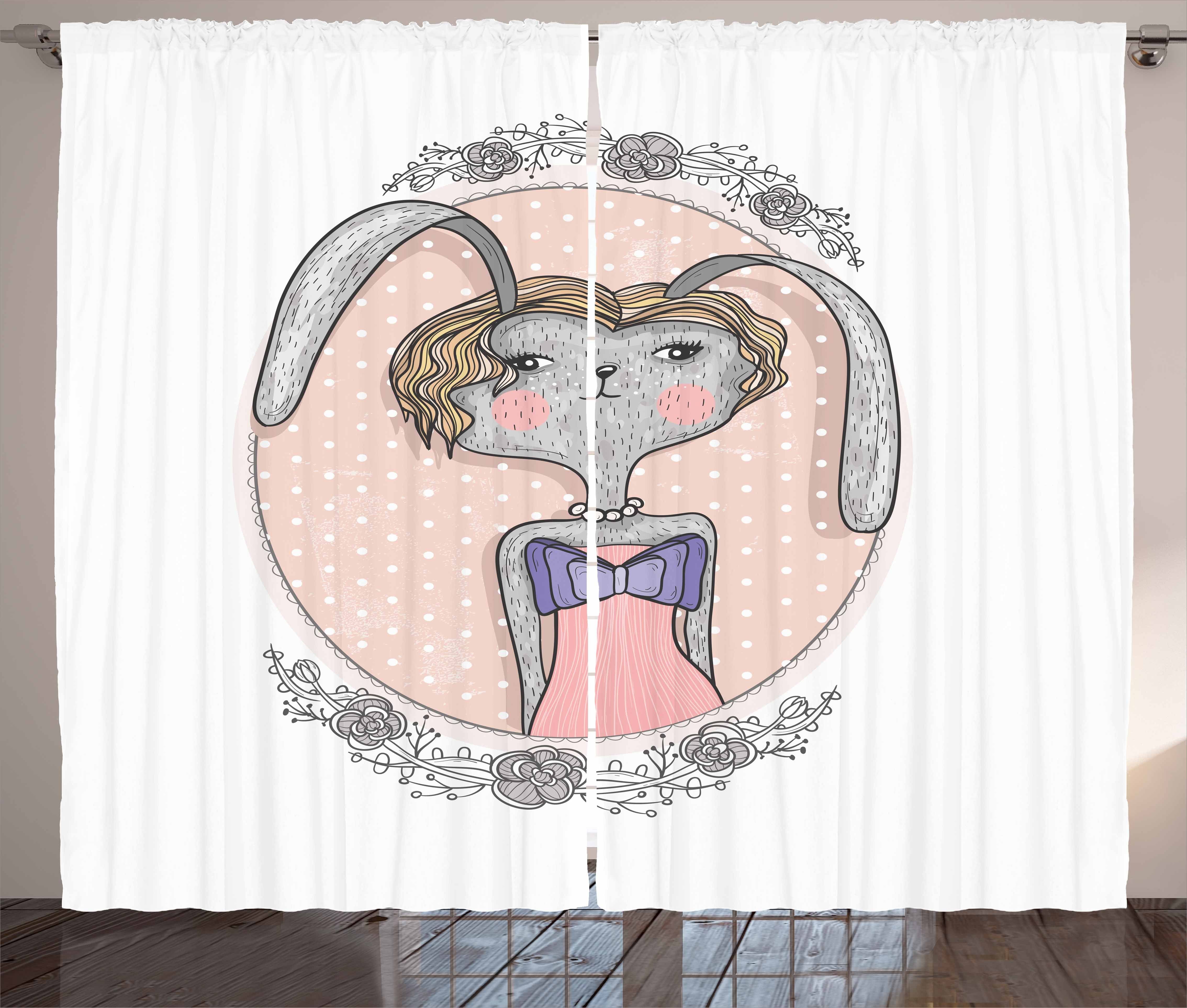 Blume Vorhang Gardine und Haken, Häschen-Portrait mit Schlaufen Kräuselband Abakuhaus, Schlafzimmer