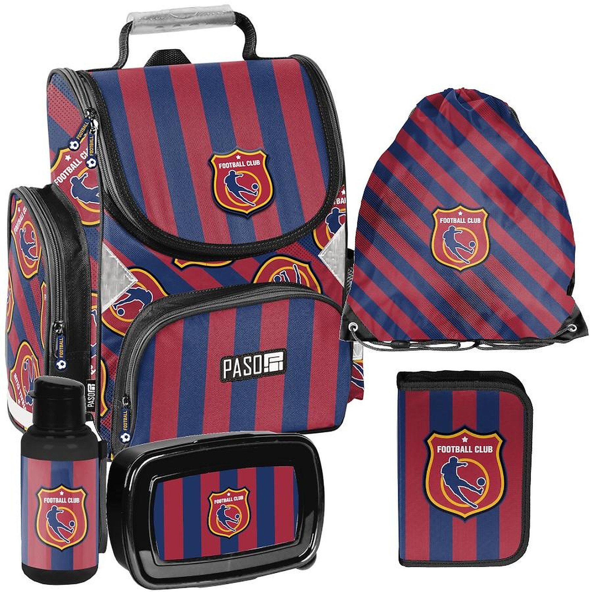 PASO Schulrucksack Mega-Set Football Club 5-tlg. (Schulset, 5-tlg), Rucksack + Turnbeutel + Federmäppchen + Lunchbox + Trinkflasche