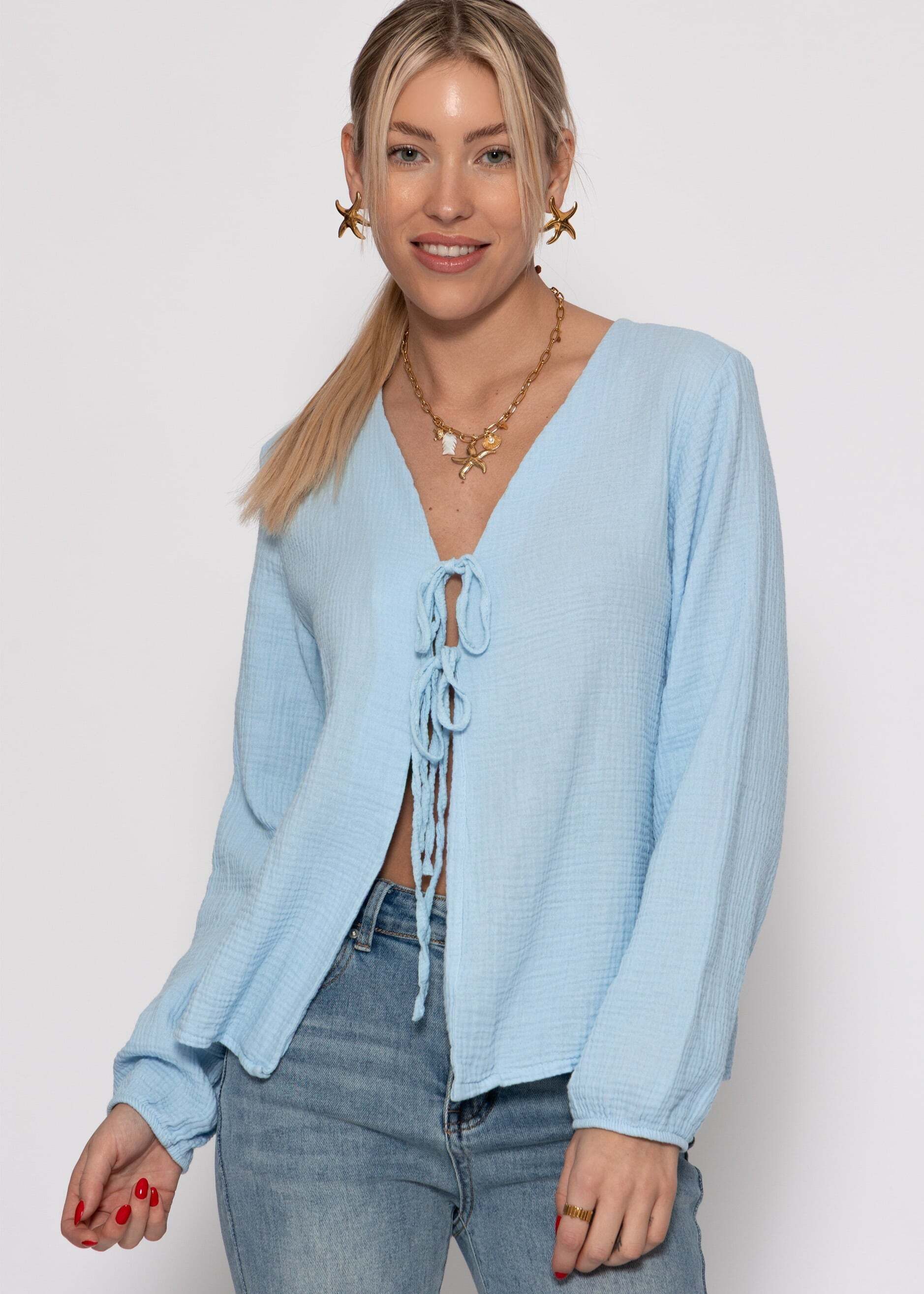SASSYCLASSY Blusenjacke Musselin Blusenjacke mit Bindebänder Damen Leichte Baumwollbluse mit V-Ausschnitt und leichten Ballonärmeln