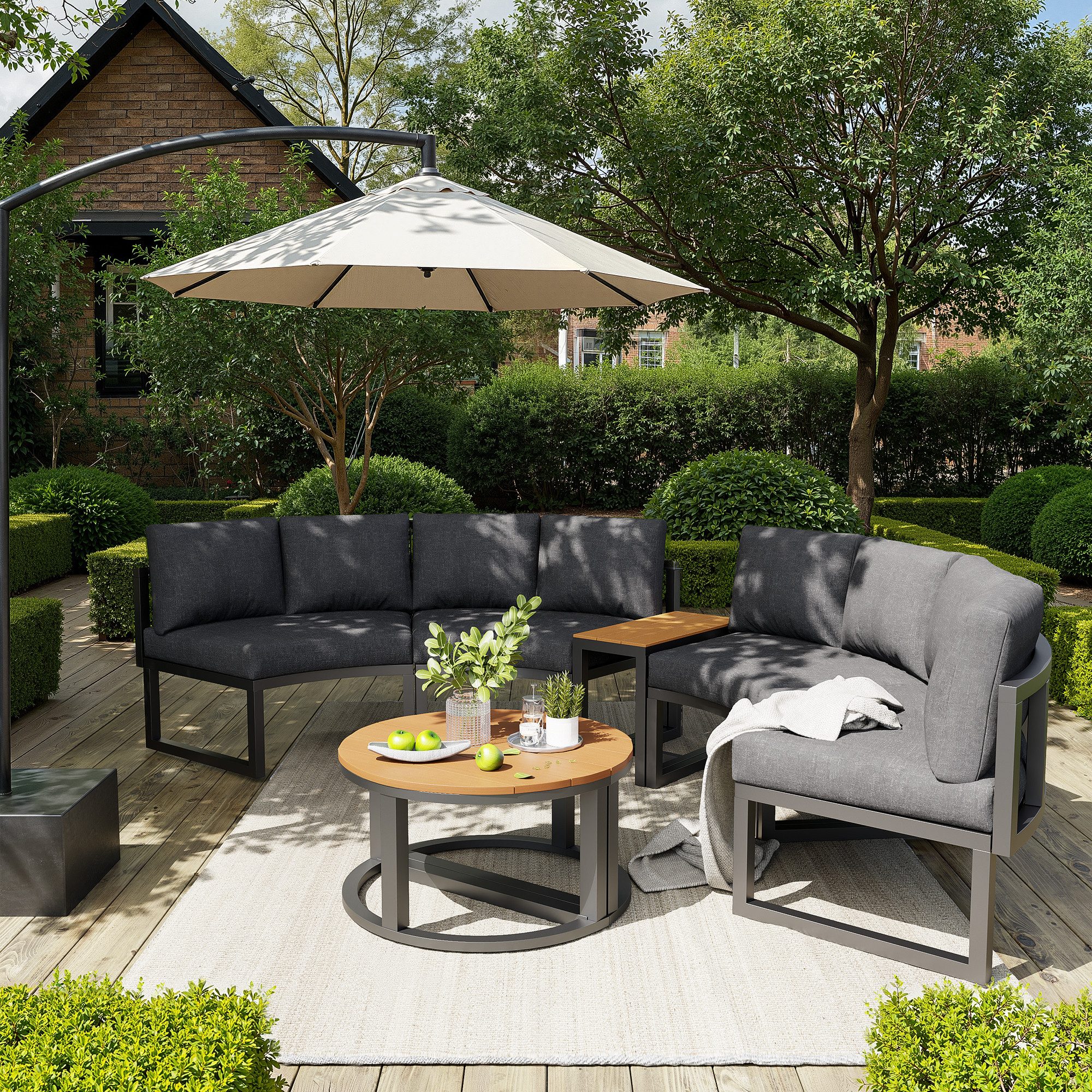 TavilaEcon Gartenlounge-Set Bequeme Gartenmöbel mit grauen Sitzpolstern und Kissen, (6-tlg), für 8 Personen, mit verstellbaren Beine, grau