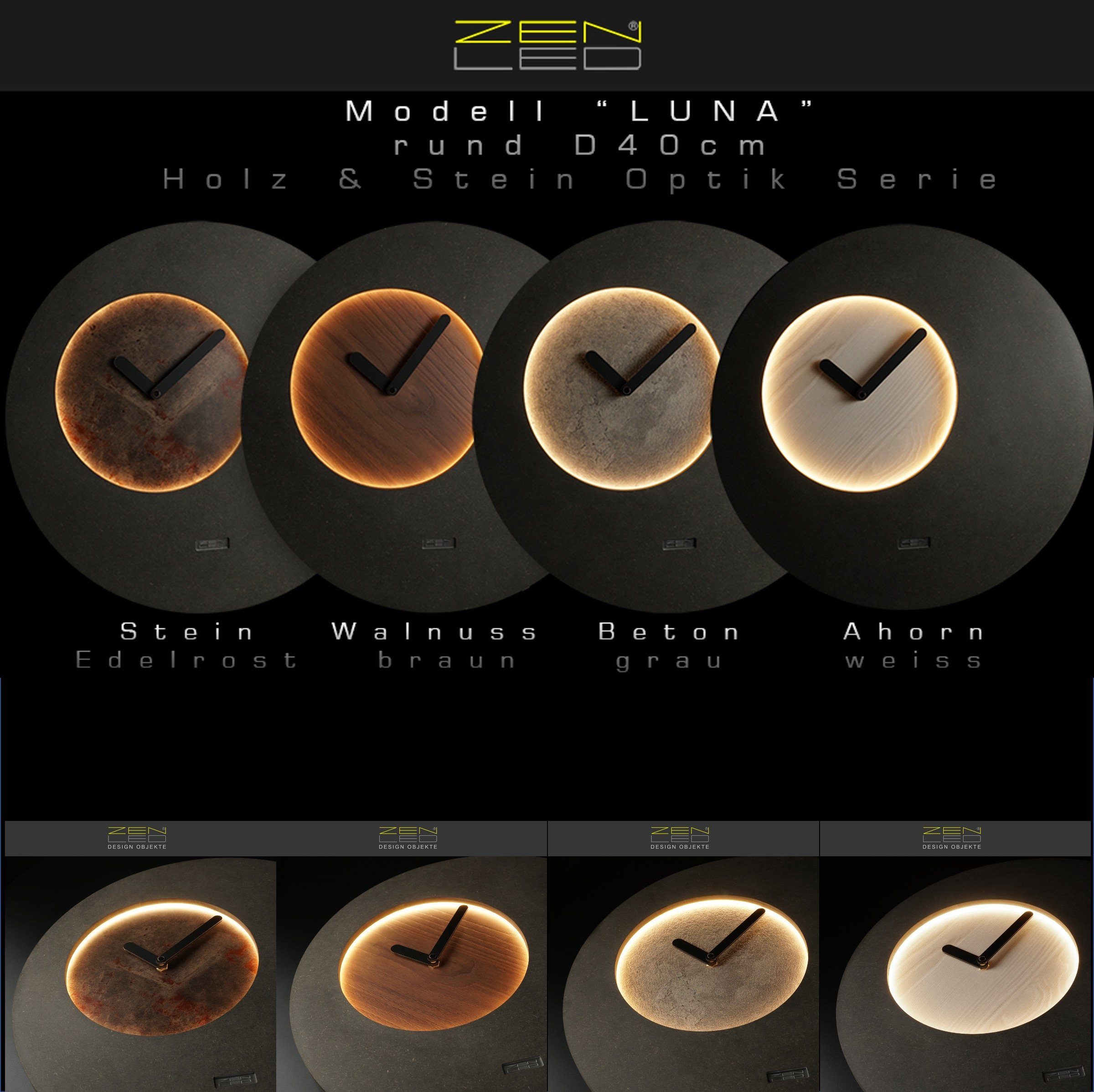 Edelrost-Optik Ø40cm (ausgeleuchtet über Deko mit Holz - Fernbedienung) LUNA Wandobjekt warm-weiss ZENLED RUND LEDs Mond mit steuerbaren Holz 3D-Lichteffekt Design Wanduhr