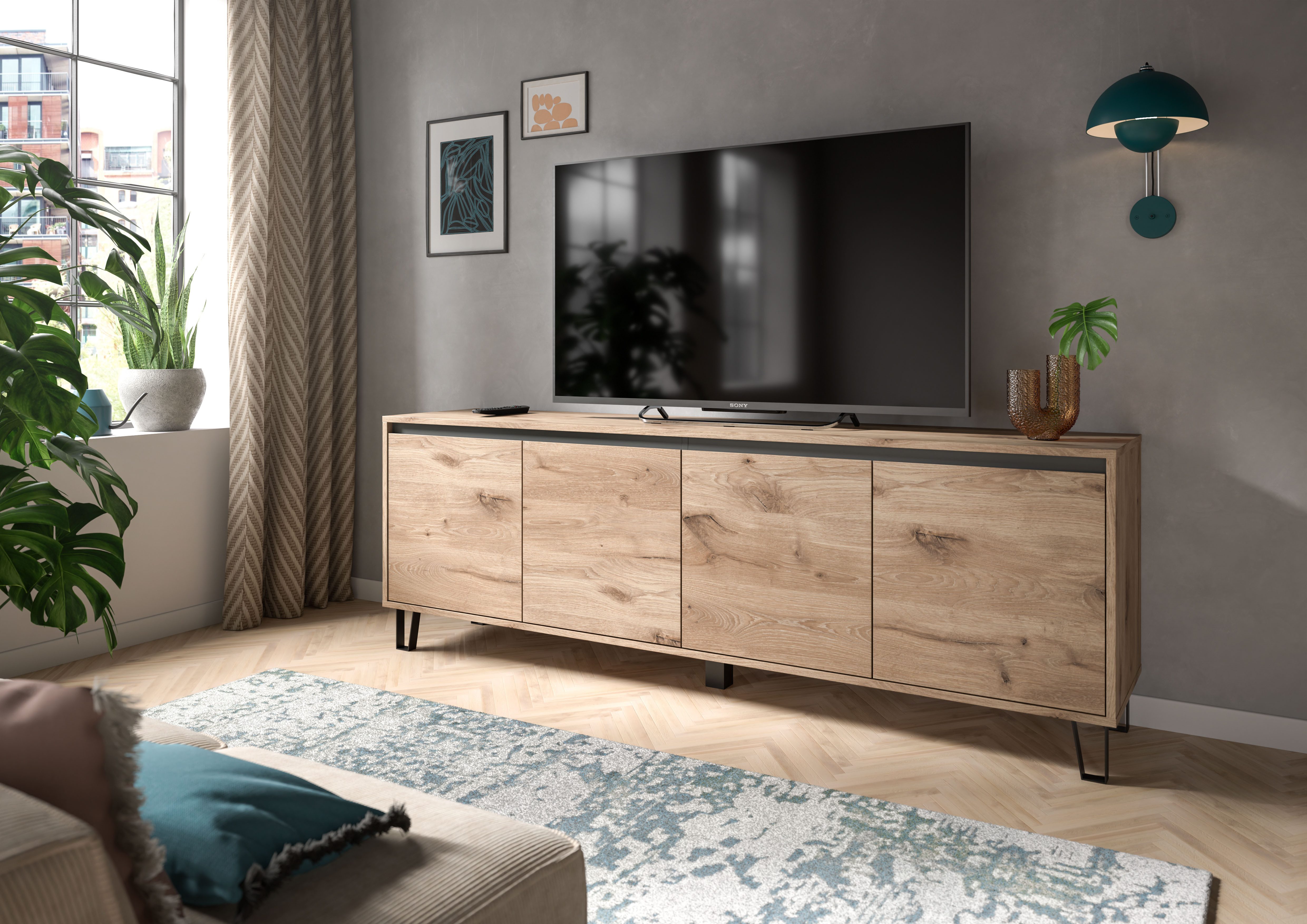 Home affaire Lowboard BALTIC, Breite 184cm, grifflose Fronten, Metall-Füße,4 Türen, 4 Fächer, TV-Möbel, TV-Schrank, TV-Lowboard, Mediaboard