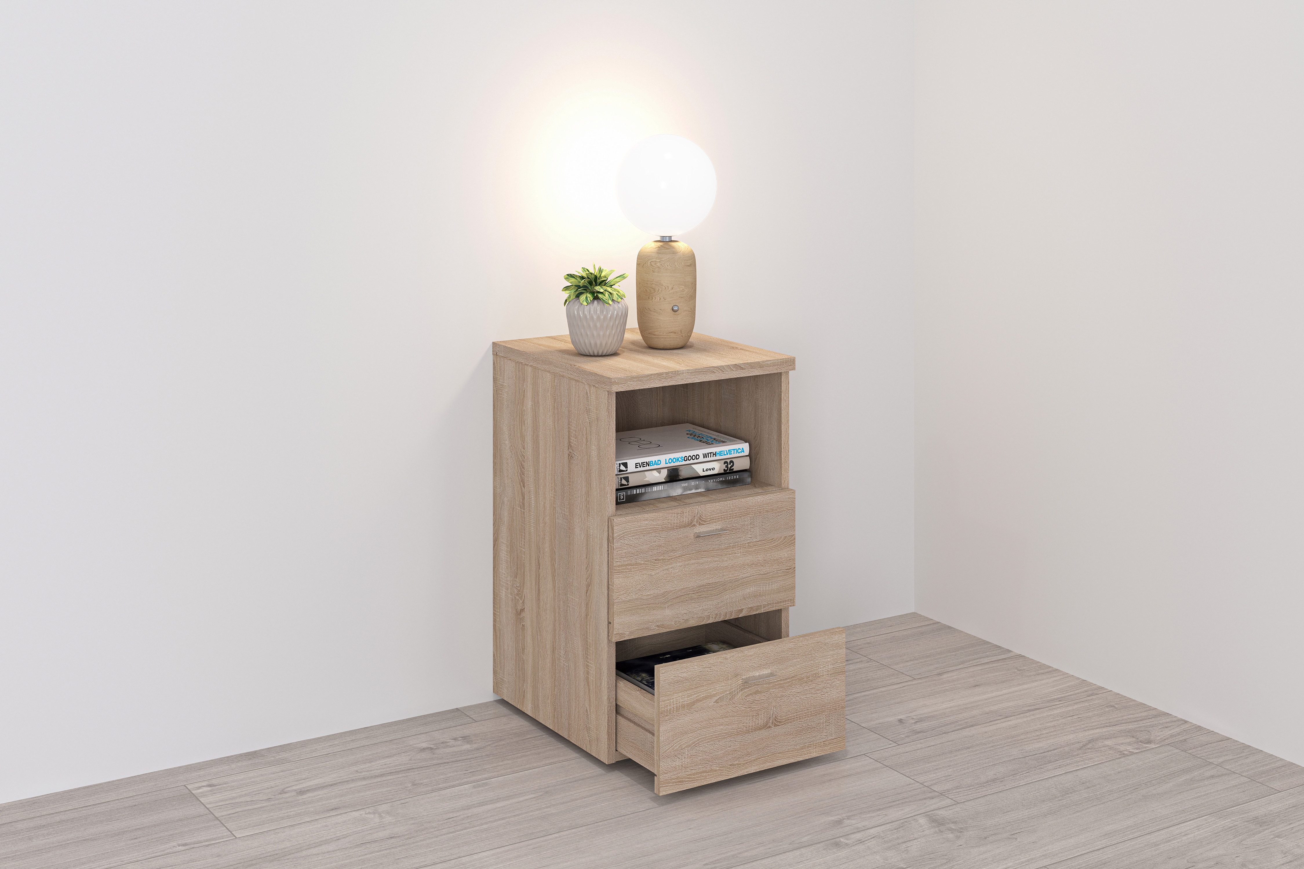 FMD Nachtkonsole Suva, Nachttisch m. 2 Schubkästen und offenem Fach, 60 cm hoch, 35 cm breit