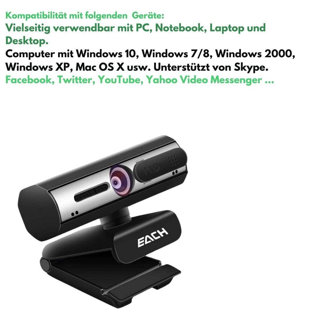 EACH Full HD-Webcam (Full HD, 1x opt. Zoom, 4-fach digitaler Zoom, Autofokus & Weitwinkelobjektiv, Auto Lichtkorrektur & dualen Noise Cancelling)