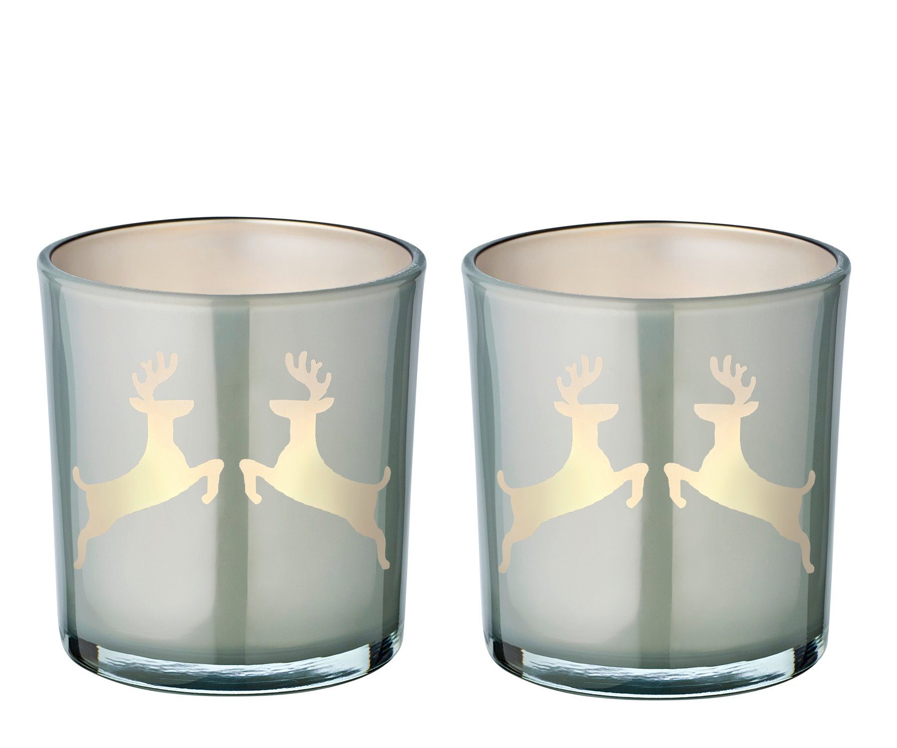EDZARD Windlicht Loki (Set, 2er), Höhe 8 cm, Ø 7,5 cm, Windlicht, Kerzenglas mit Rentier-Motiv in Grau, Teelichtglas für Teelichter