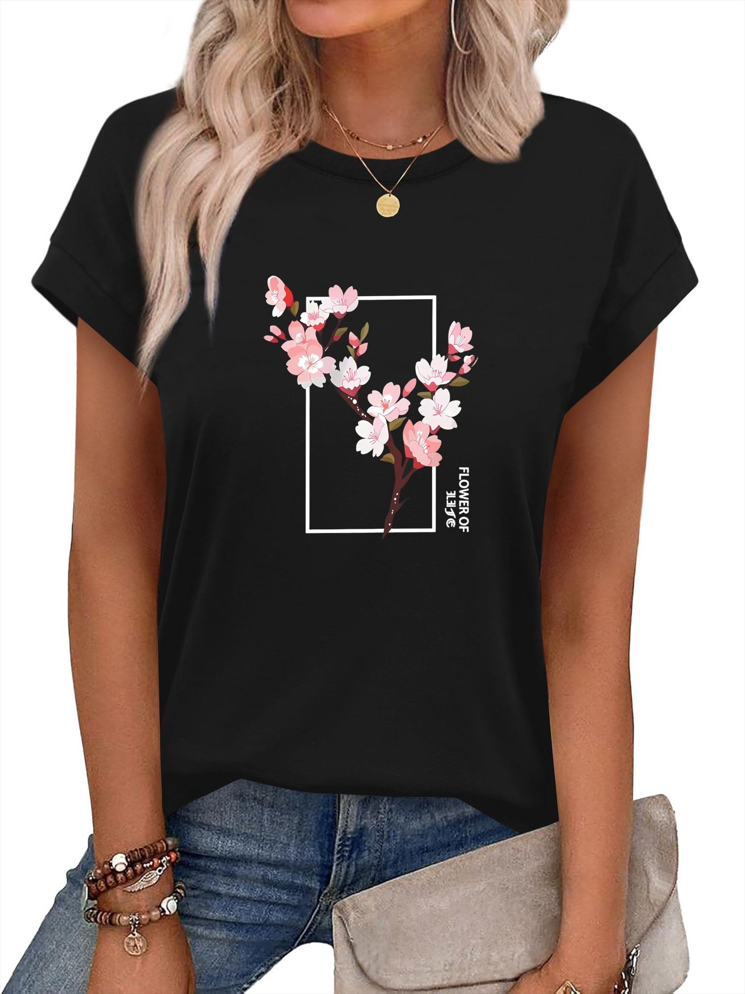 Kurzarmshirt Damen Elegant Achselhemd mit Blumen Druck bequemes Rundhalsshirt