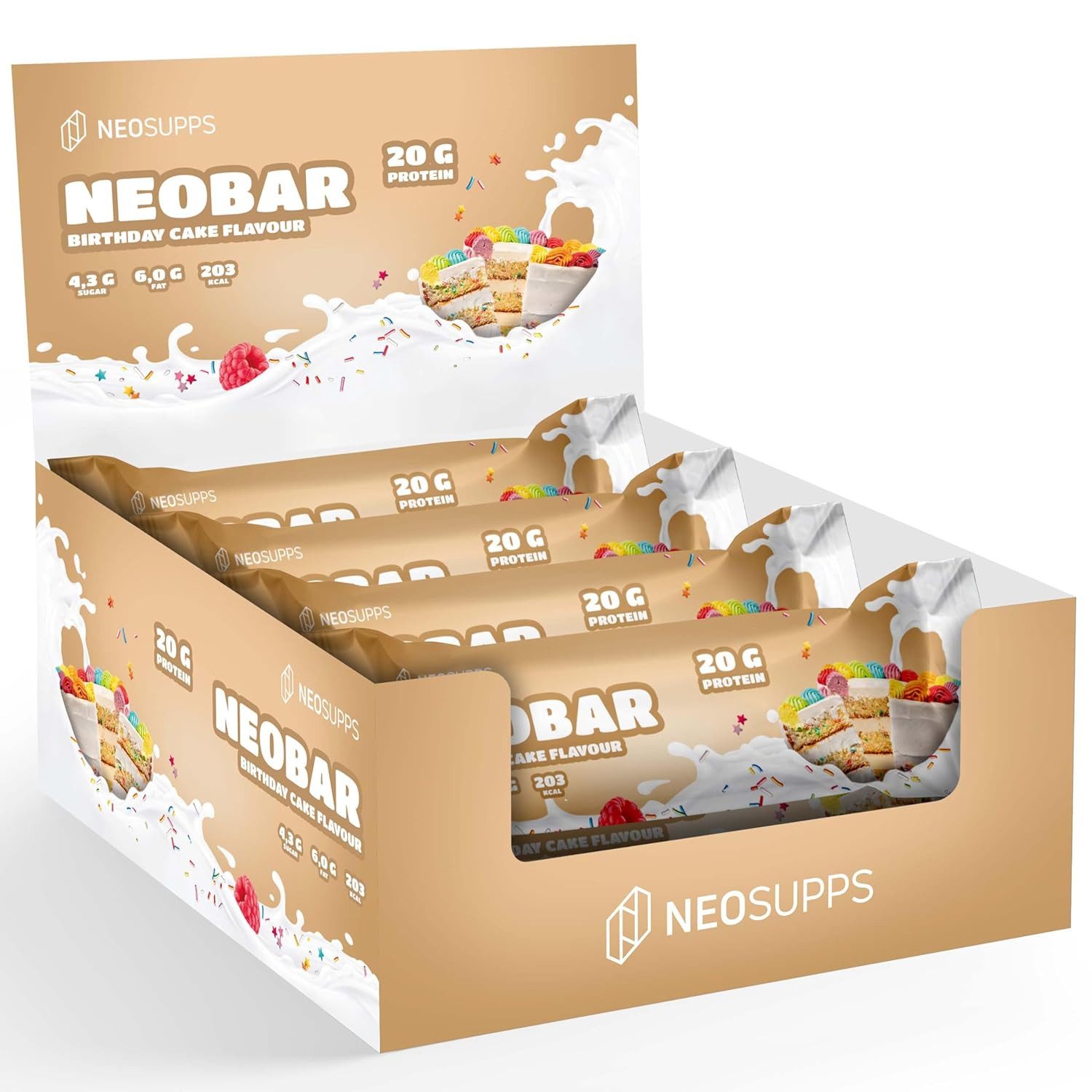 Neosupps Protein Riegel NeoBar Birthday Cake 12x60g mit 21g Eiweiß pro Riegel, Zuckerarm, echte Cremefüllung, Weiße Schokolade, Made in Germany