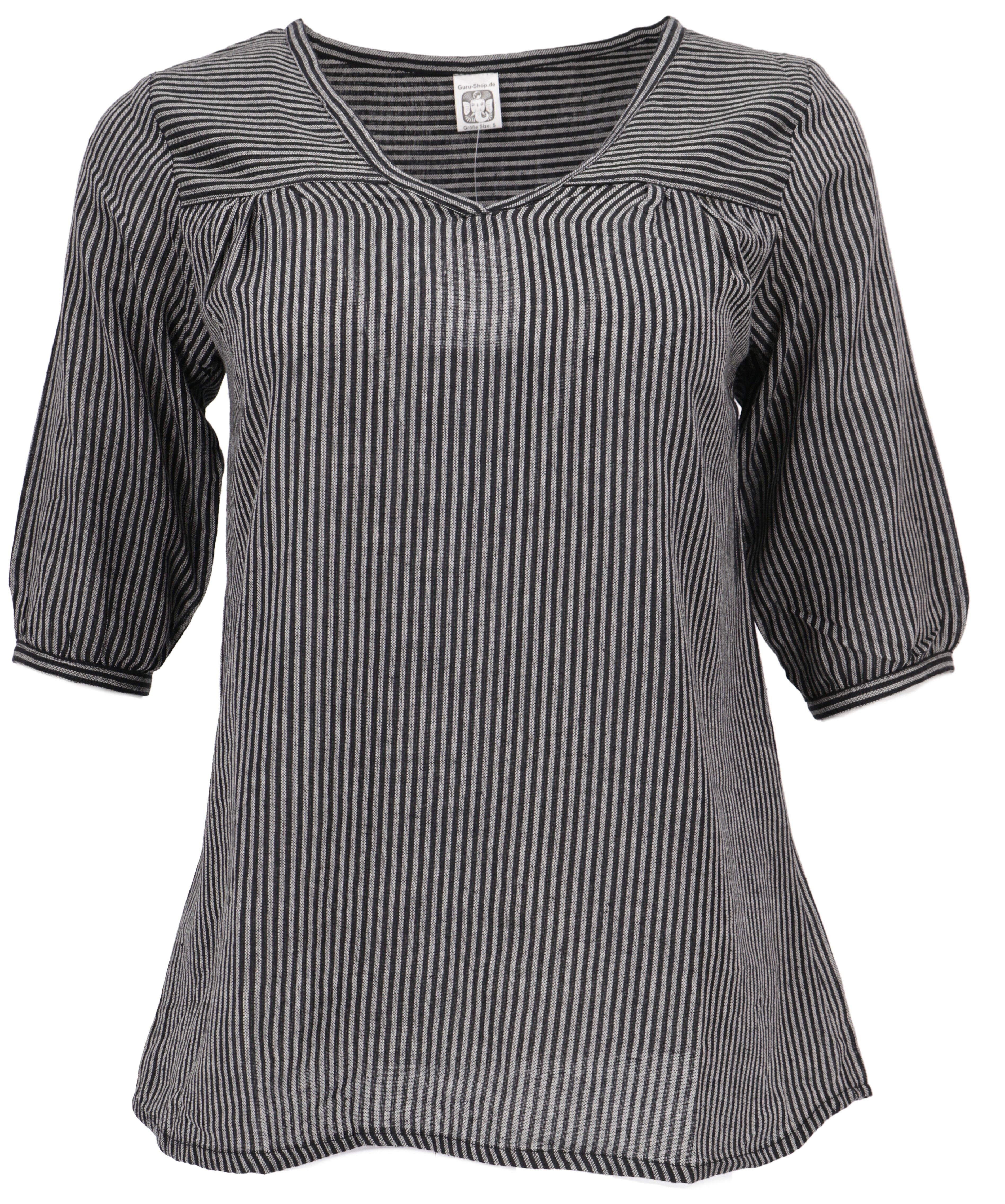 Guru-Shop Longbluse Leichte Baumwollbluse, gestreifte Boho.. alternative Bekleidung schwarz/grau