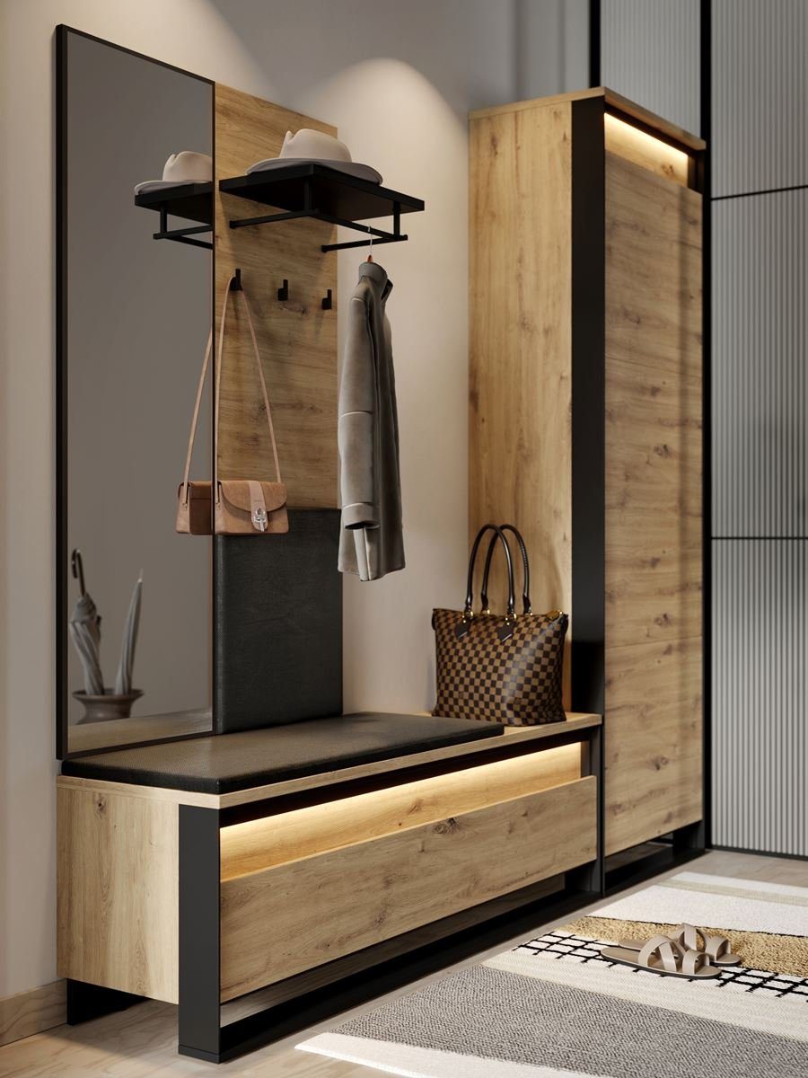 Garderoben-Set LIMA (Schrank, Kleiderbügel, Schuhregal, Spiegel) Modernes Möbelset
