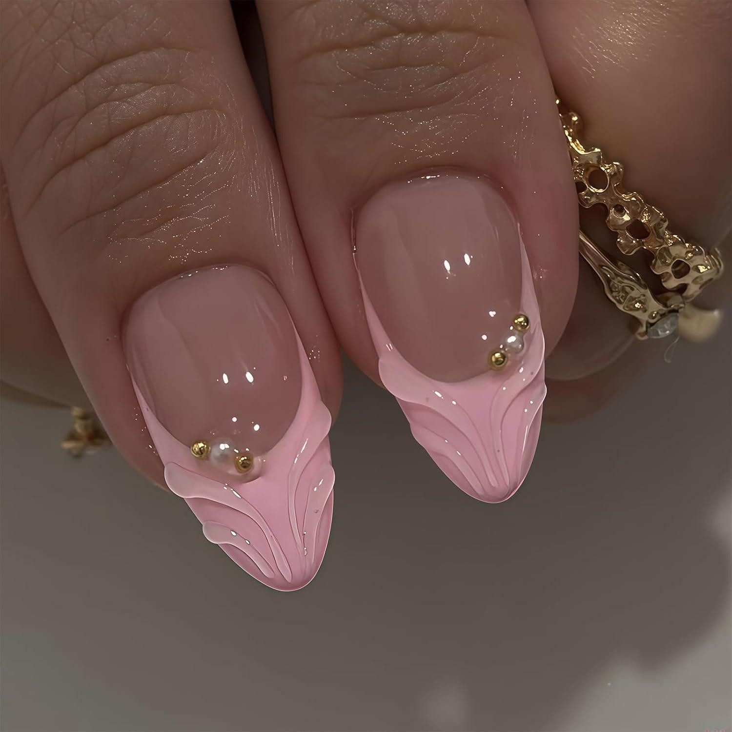LuxusKollektion Kunstfingernägel Press On Nägel Mandel Pink French 3D Blumen Gold Glitzer style-10 – Bild 4 von 5
