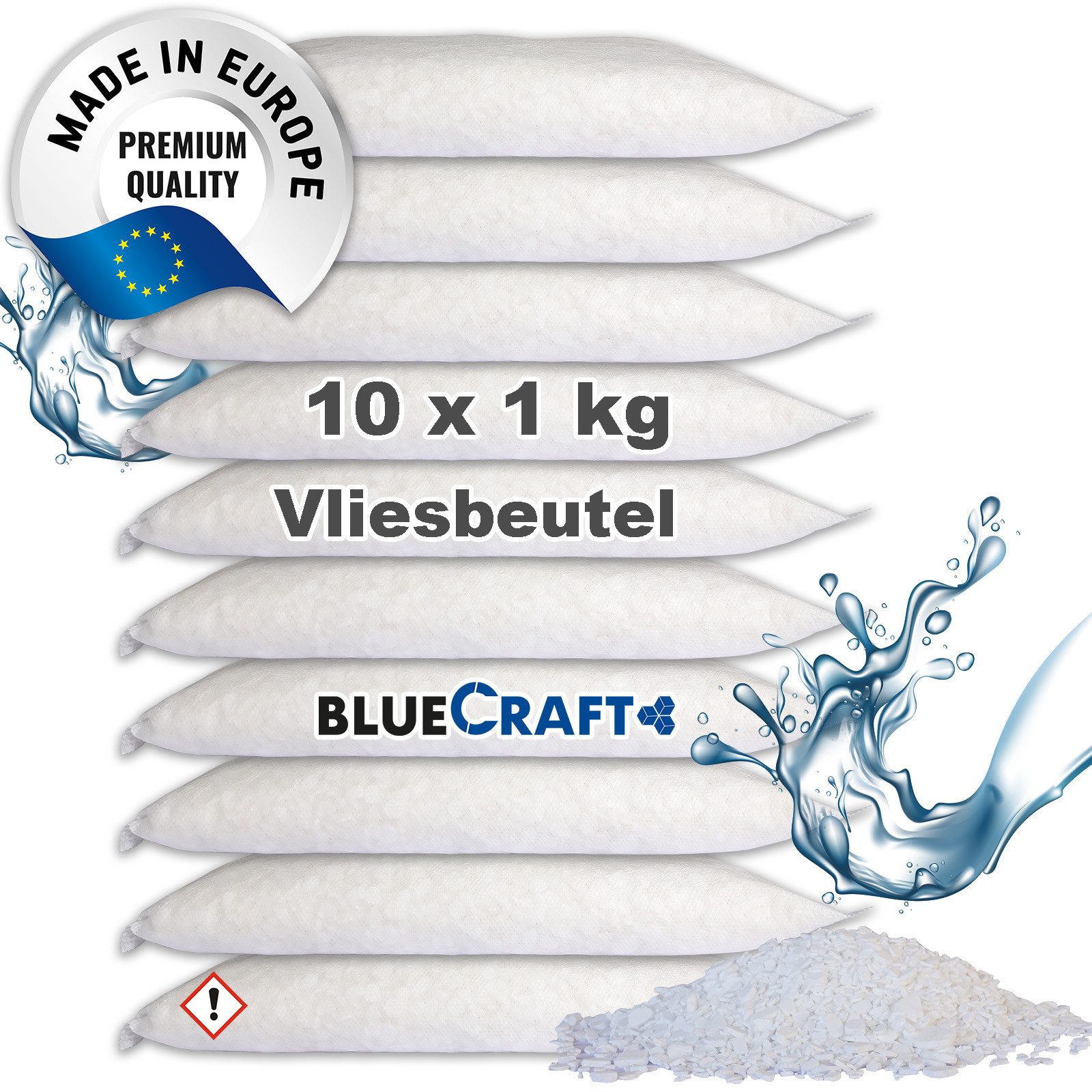 BlueCraft Luftentfeuchter Nachfüllpack Schlafzimmer Wohnung Nachfüller gegen Schimmel, für 30 m³ Räume, 10 x 1 kg Raum Entfeuchter Granulat im Vliesbeutel, ohne Strom