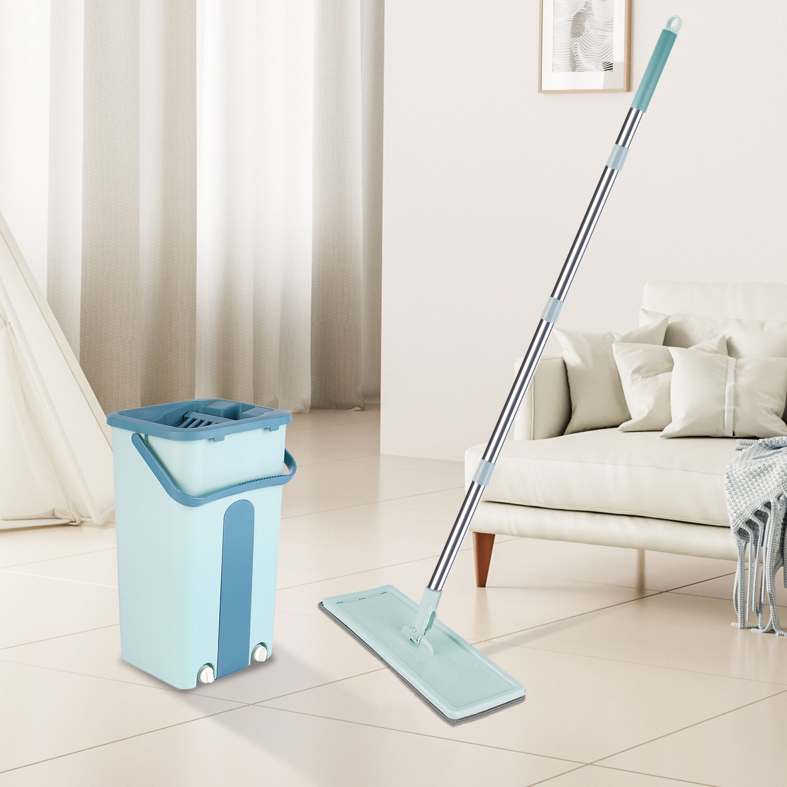 JEOBEST Wischmopp-Set Wischmopp Set mit Eimer mit 2 waschbaren Mikrofaser-Pads, Freihändiges Waschen, nass und trocken, 360 Grad drehbar