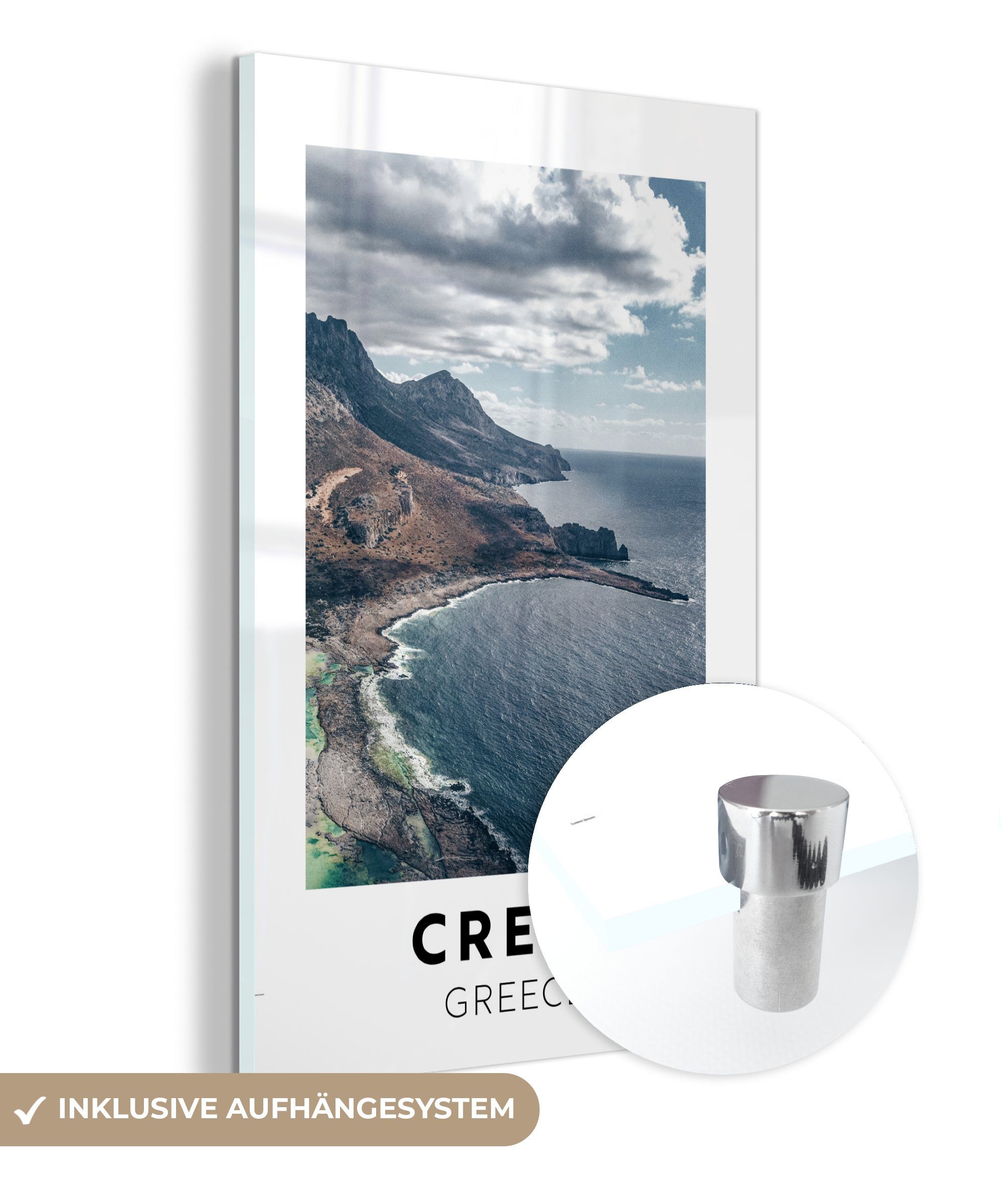 - Bilder Glas St), (1 Wanddekoration auf - Glasbilder Wandbild - Foto Meer, auf Kreta MuchoWow Glas - Acrylglasbild Griechenland -