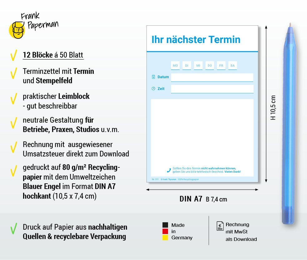 Thumbnail - Frank Paperman Terminplaner, 600 Terminzettel, 12 x Terminblock à 50 Blatt, 1 Termin, für Ärzte, Heilpraktiker, Physio, ...