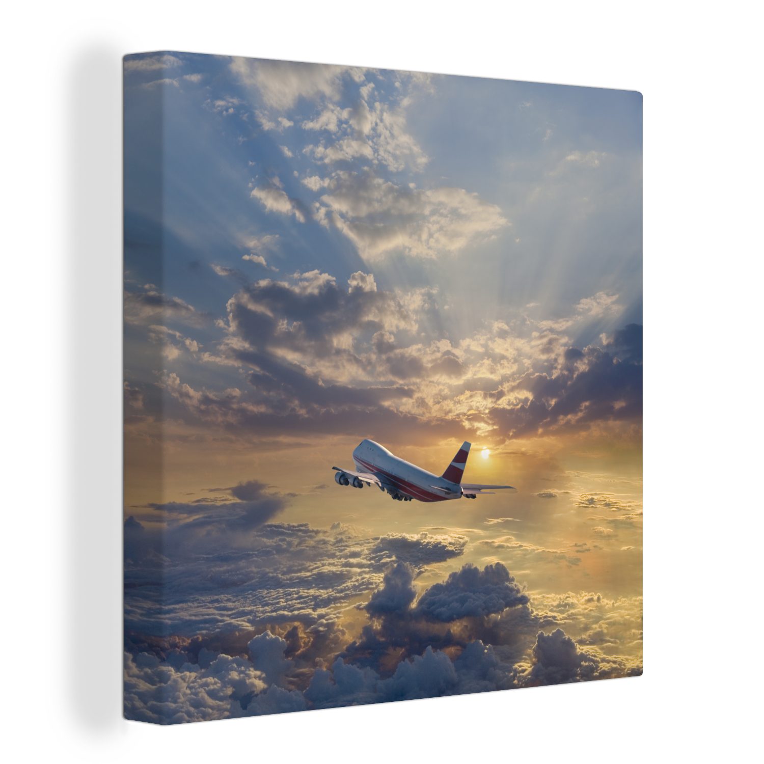 OneMillionCanvasses® Leinwandbild Ein Flugzeug fliegt durch den Himmel mit Sonnenstrahlen, (1 St), Leinwand Bilder für Wohnzimmer Schlafzimmer