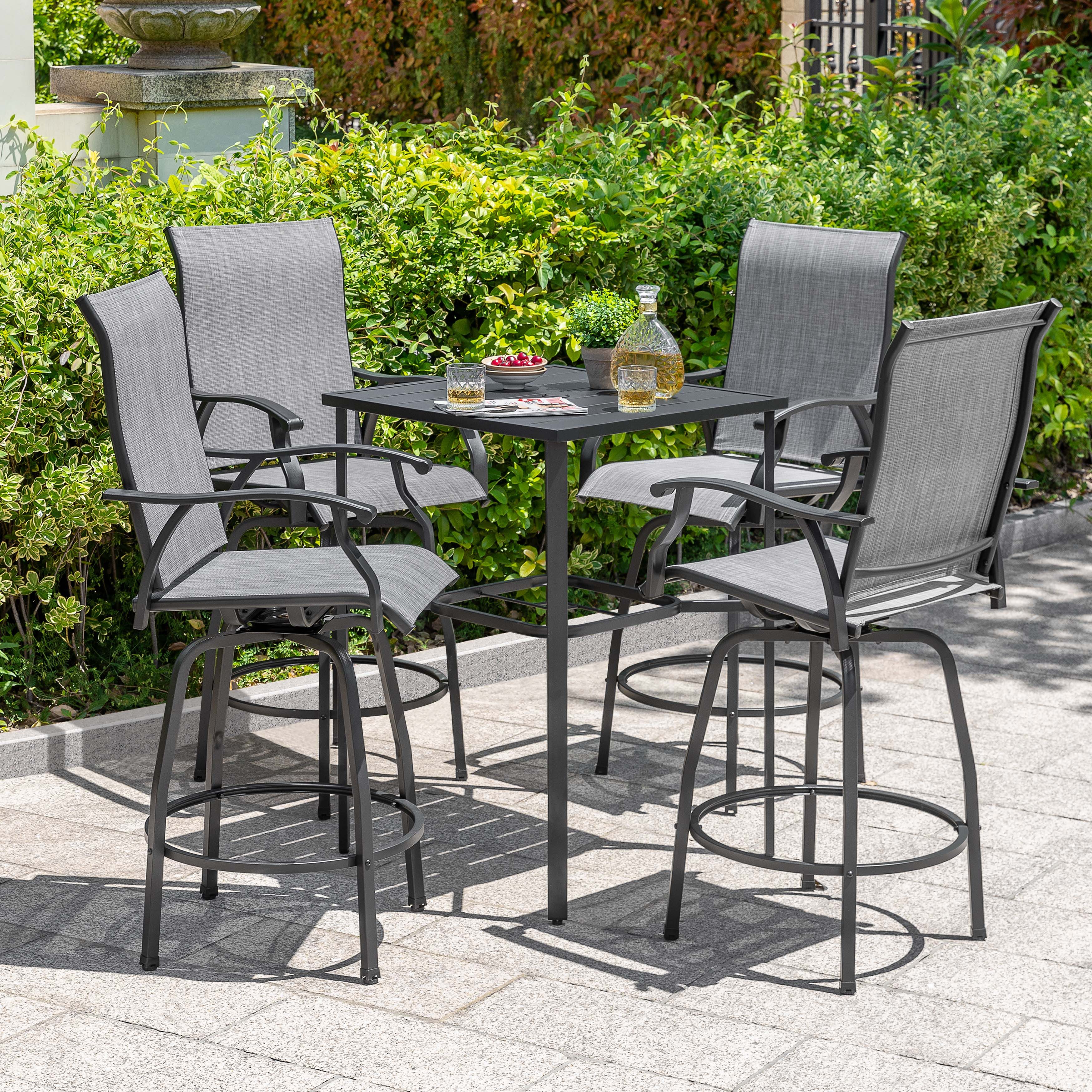 Avestar Balkonset Terrassen-Gartenbar-Set mit Bartisch, (5-tlg), 4 drehbare Barhocker aus Textilene, 4,3 cm Schirmloch