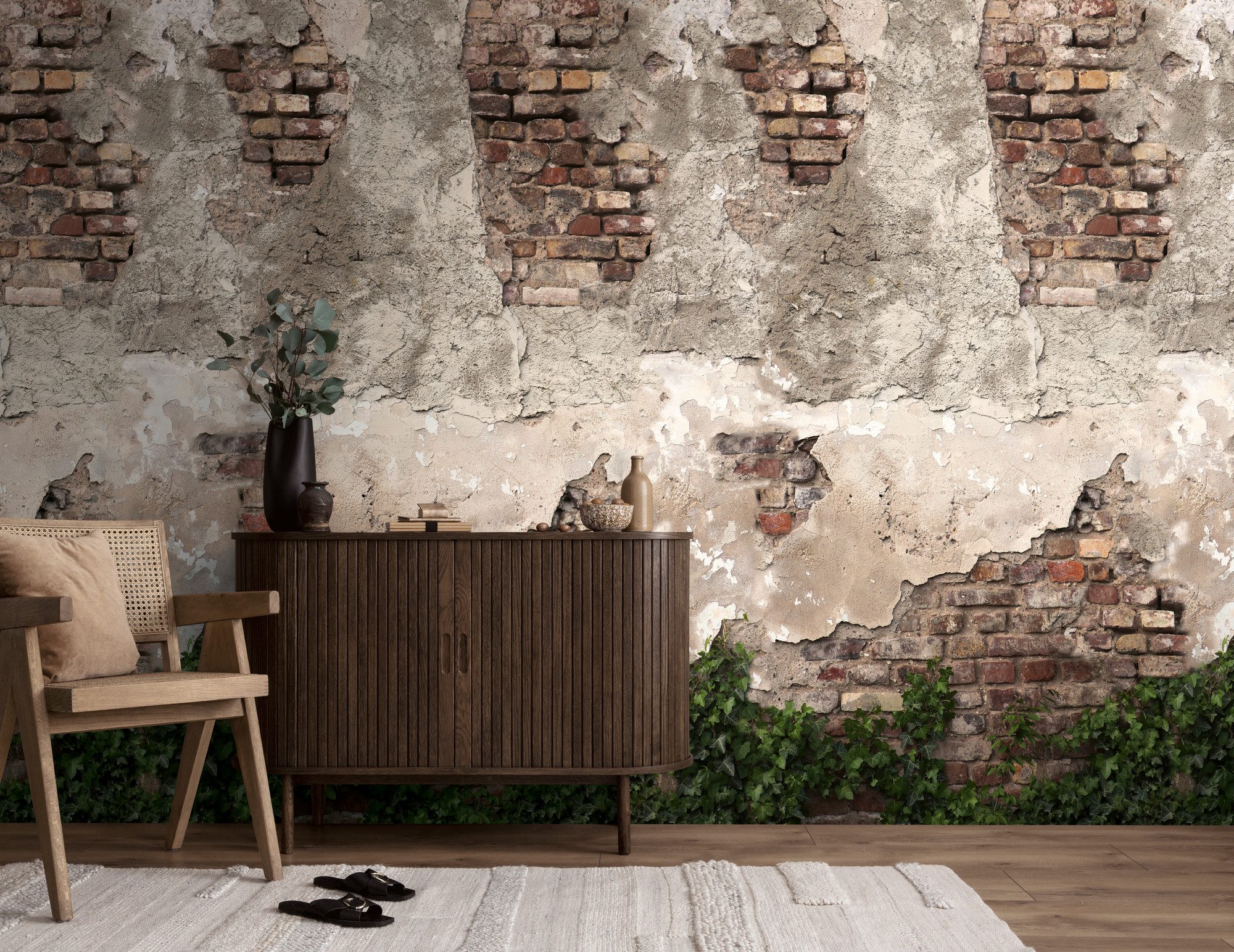 living walls Fototapete The Wall 4 Eyecatcher – Steinwand mit Efeublättern Vlies-Fototapete, leicht strukturiert, Steinoptik, matt, naturalistisch, (1 St), Steinwand mit Efeublättern – dekorativer Tiefenwirkung