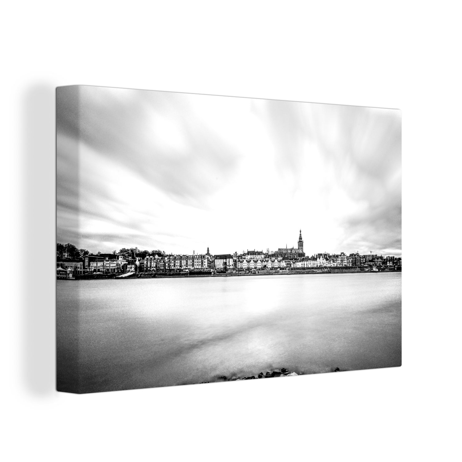 Aufhängefertig, Fluss OneMillionCanvasses® Waal mit cm dem weiß, Nijmegen St), 30x20 Wanddeko, (1 schwarz und Leinwandbild Leinwandbilder, - Skyline von Wandbild