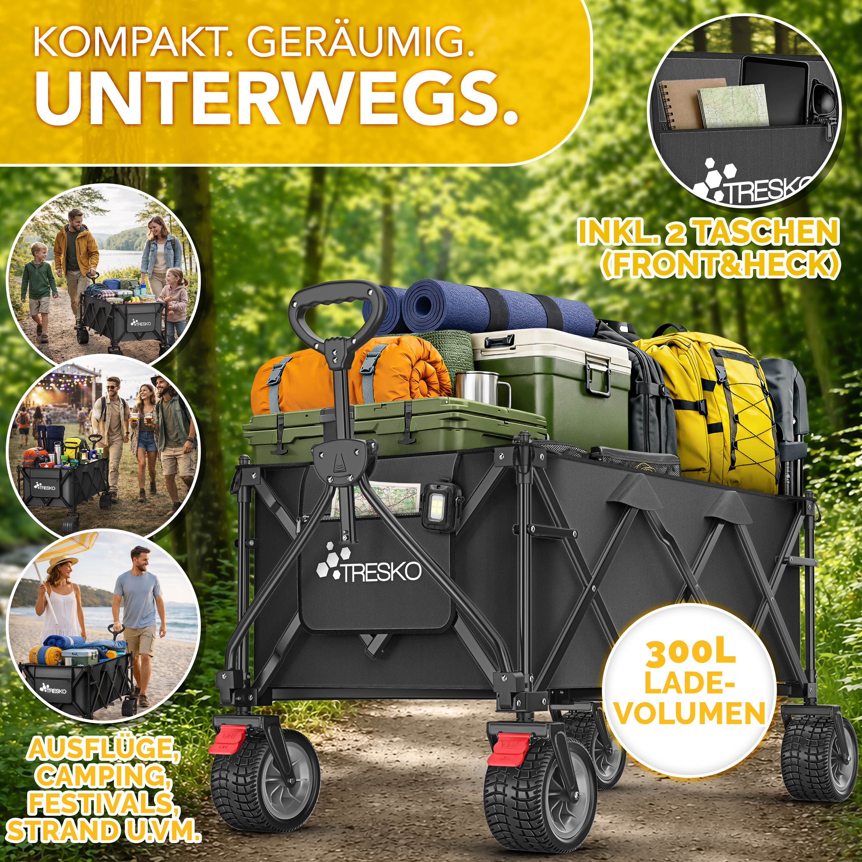 TRESKO Bollerwagen Bollerwagen faltbar 300L mit Bremse Handwagen klappbar 150kg (inkl. Vollgummireifen Faltbarer Strandwagen mit Extra Breite All-Terrain-Räder, Gartenwagen Transportwagen mit Tragetasche)