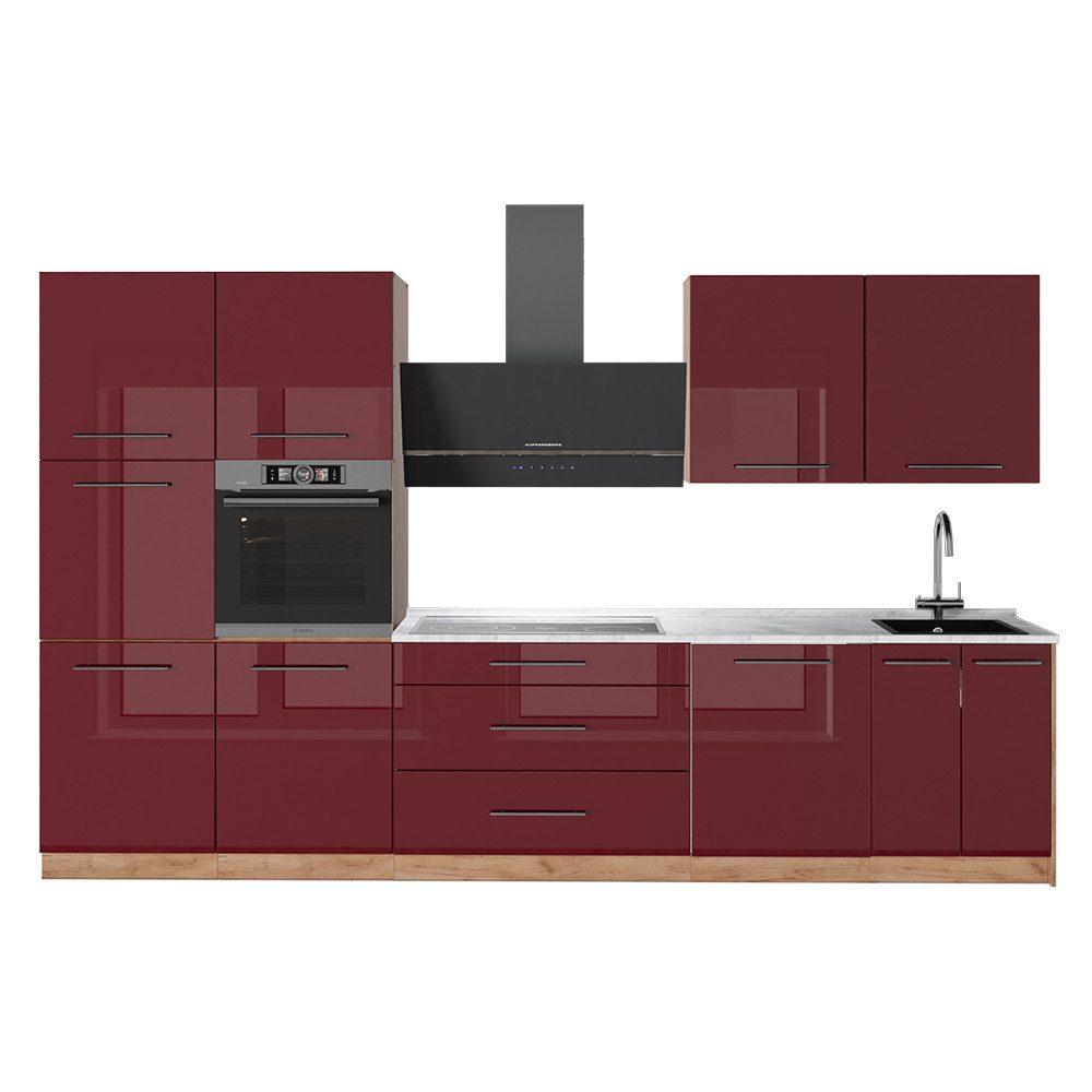 Vicco Küchenzeile Fame-Line, Bordeaux Hochglanz/Goldkraft Eiche, 340 cm, AP Marmor