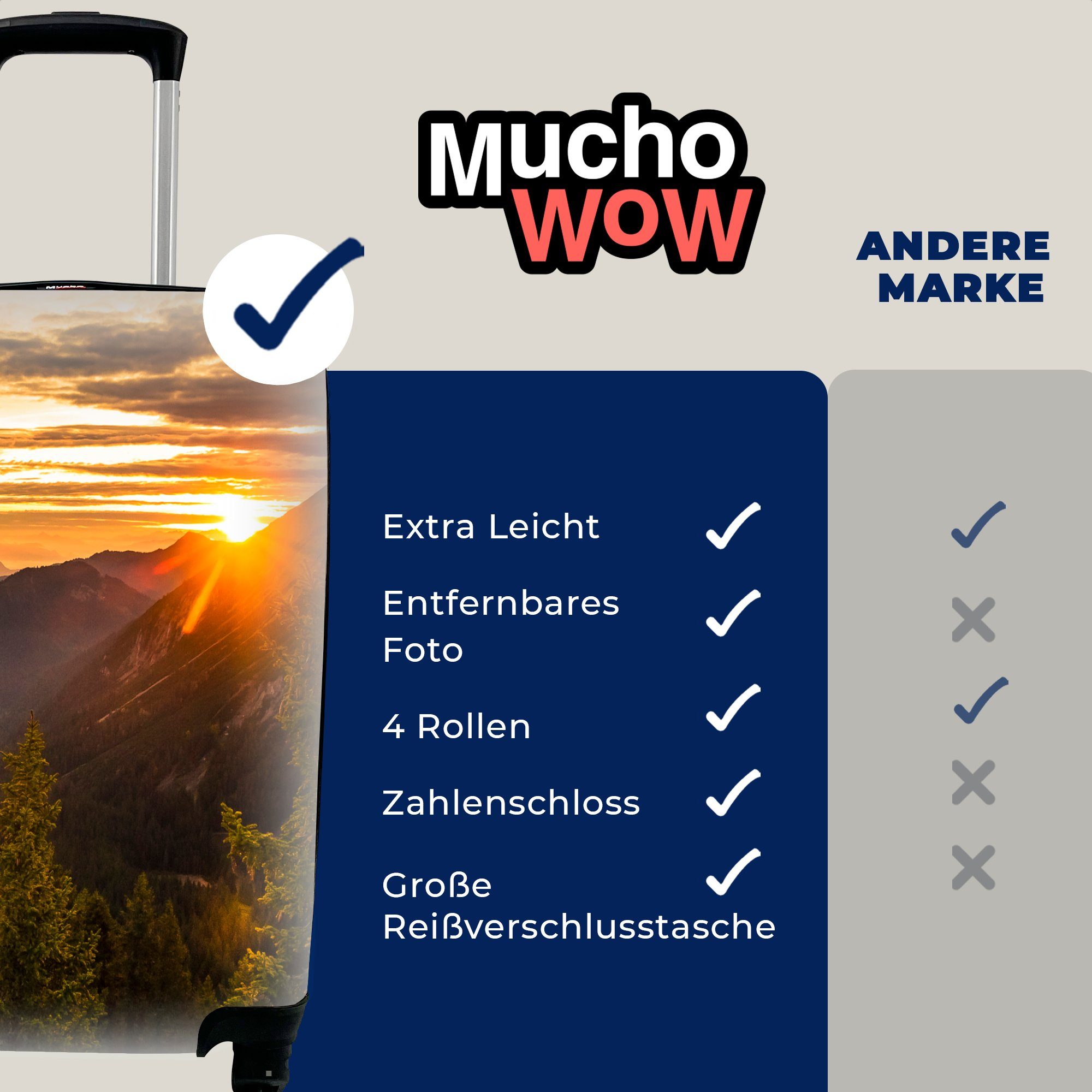 MuchoWow Handgepäckkoffer Alpen - Berg mit 4 für rollen, - Rollen, Reisekoffer Handgepäck Trolley, Sonne, Ferien, Reisetasche