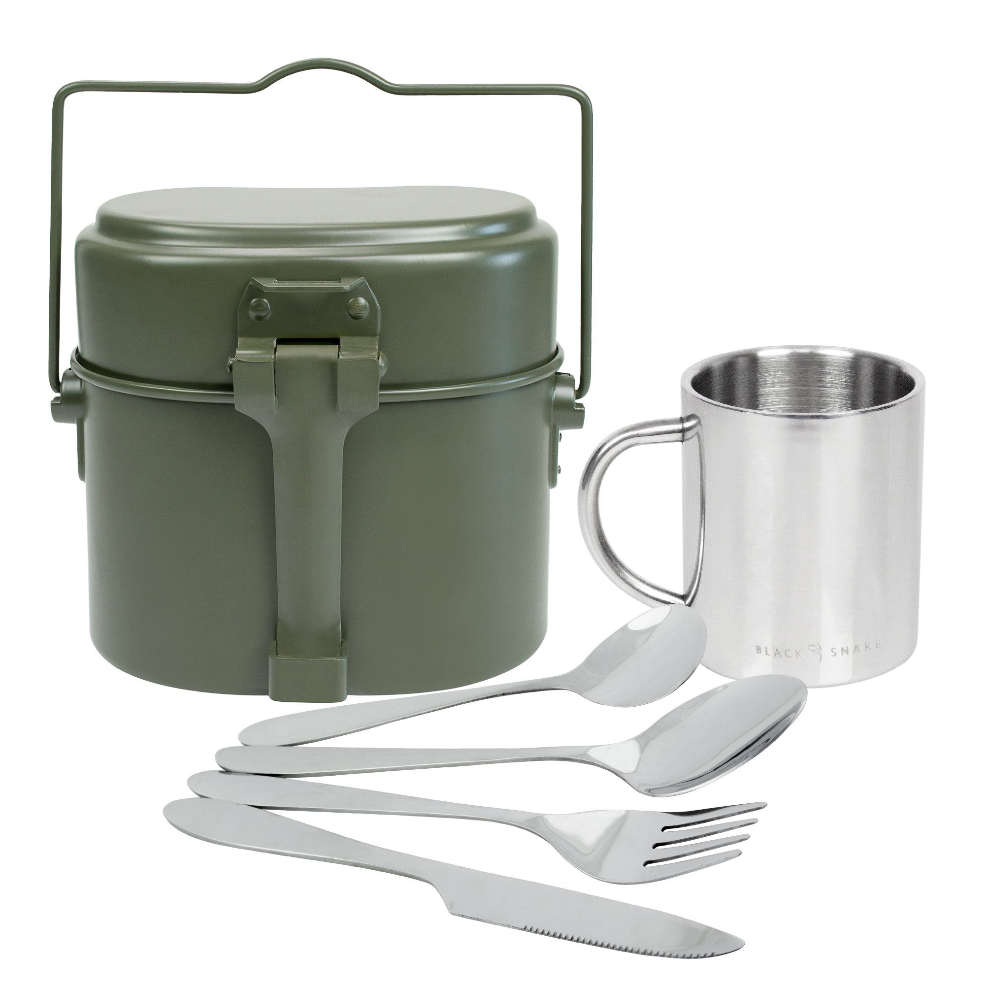 Geschirr-Set Kochgeschirr mit Camping Besteck und Thermo Tasse