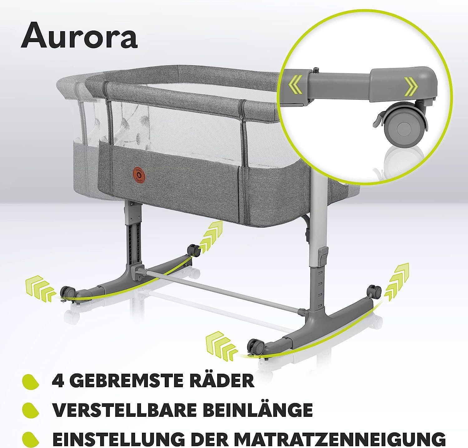 freistehendes Beistellbett, Babywiege, AURORA, 3-in-1: Grau Babybett Baby-Reisebett lionelo