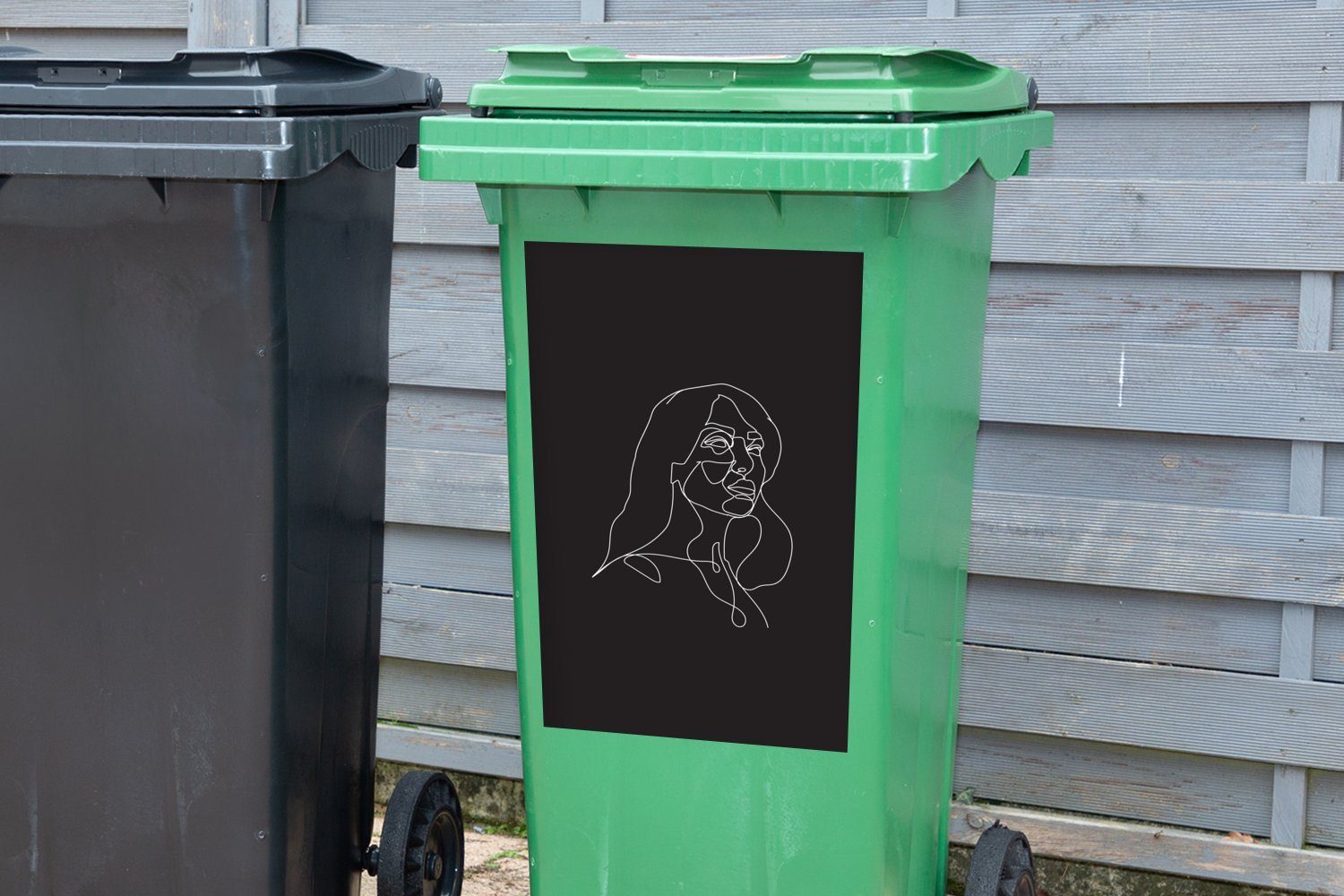 MuchoWow Wandsticker Mülltonne, St), - Mülleimer-aufkleber, Schwarz Strichzeichnung Container, - (1 Sticker, Abfalbehälter Frau