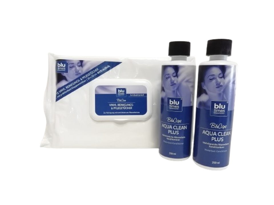 BluTimes, Wasserbett Mehrbereichs-Wasserbett-Konditionierer 2 Flaschen Set + Pflegetücher, (3-tlg., 2 Flaschen a 250 ml + 1 Sparpack Reinigungstücher (15 Stück), 2 Flaschen a 250 ml + 1 Sparpack Reinigungstücher (15 Stück)