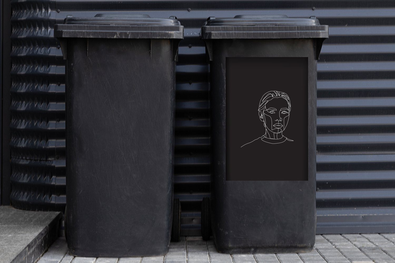 Mülleimer-aufkleber, (1 - Frau St), Sticker, - MuchoWow Container, Mülltonne, Schwarz Strichzeichnung Abfalbehälter Wandsticker