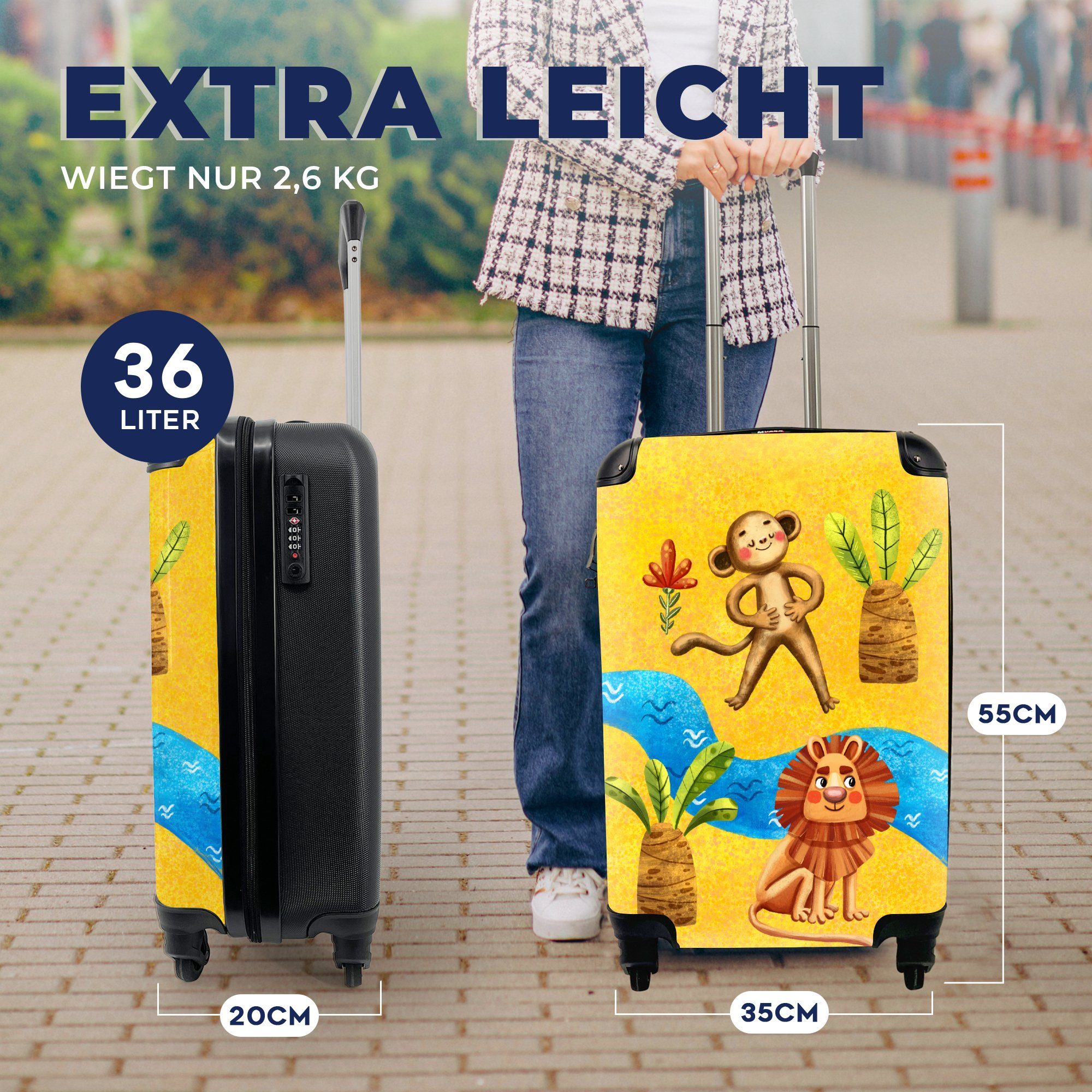 Handgepäckkoffer für Handgepäck MuchoWow Affe Trolley, mit - rollen, Ferien, Wasser, - Rollen, 4 Löwe Reisetasche Palme Reisekoffer -