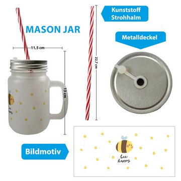 speecheese Glas Bee happy Mason Jar Henkel Trinkglas mit Deckel mit dicker Biene