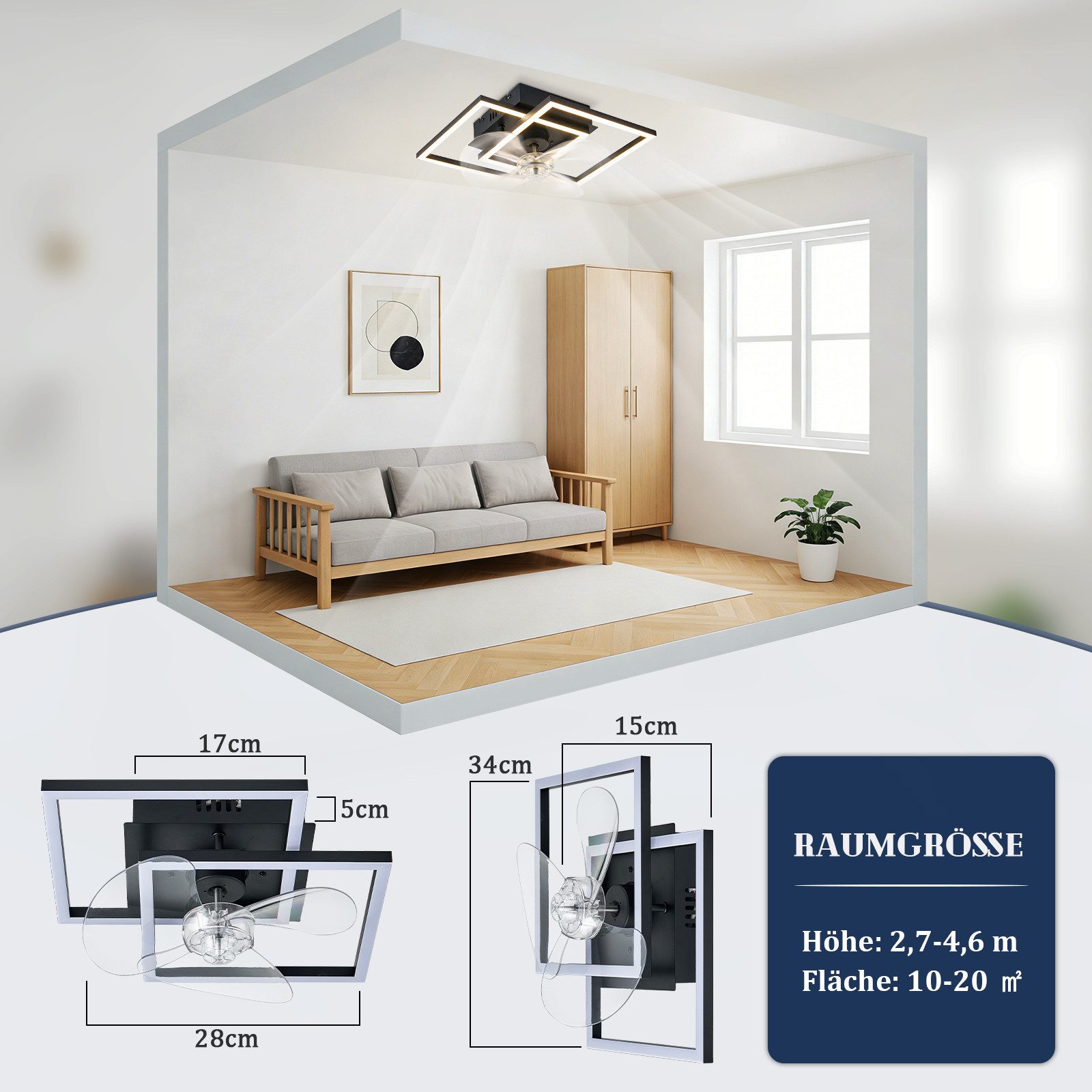 Nettlife Deckenventilator Beleuchtung dimmbar 6-Stufen Fernbedienung leiser Schwarz Modern, für Wohnzimmer Esszimmer Schlafzimmer Timer Nachtautomatik – Bild 4 von 5