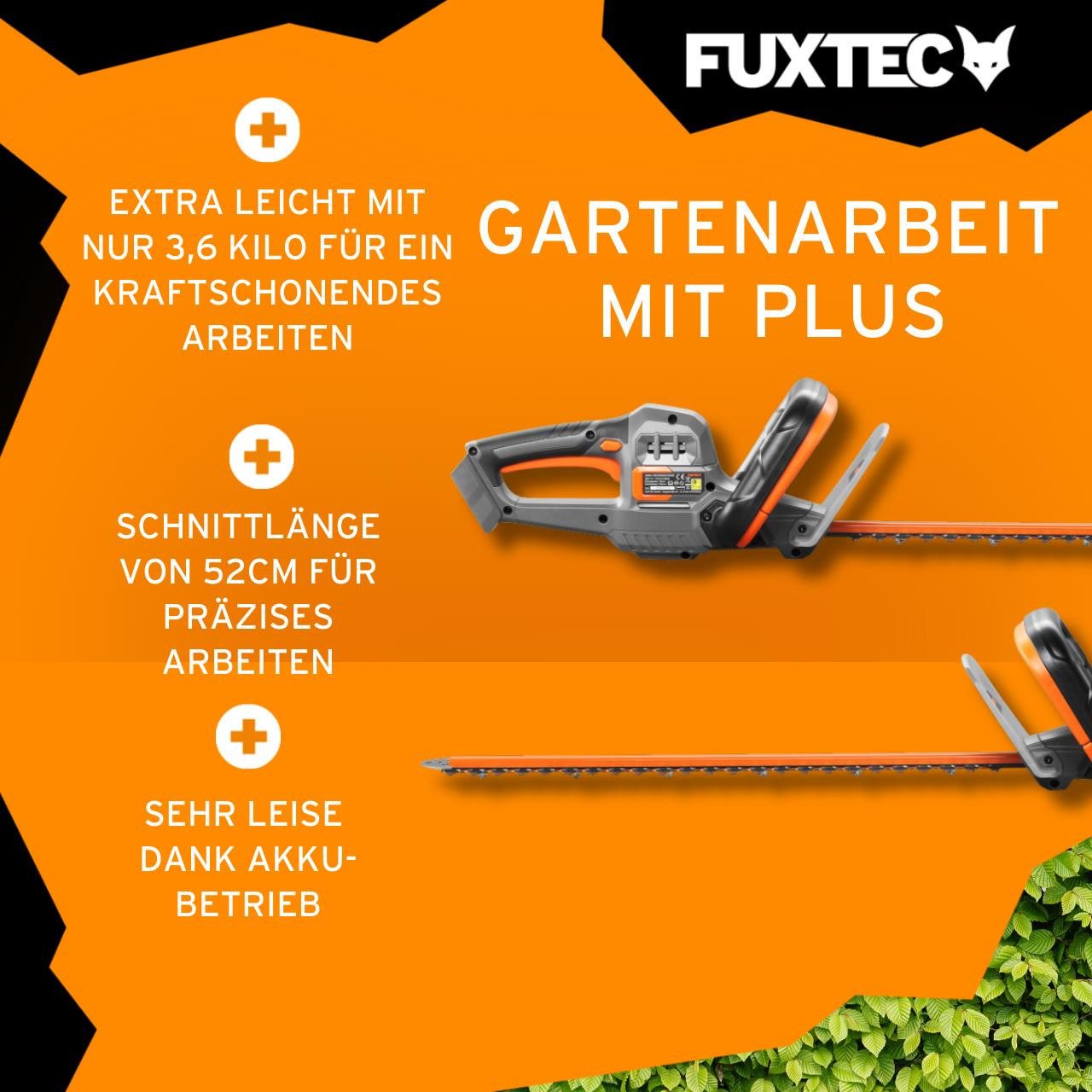 FUXTEC Akku-Heckenschere FX-E1HS20, 2Ah-Akku, 52cm Arbeitsbereich, 20V, bis zu 28mm Astdicke