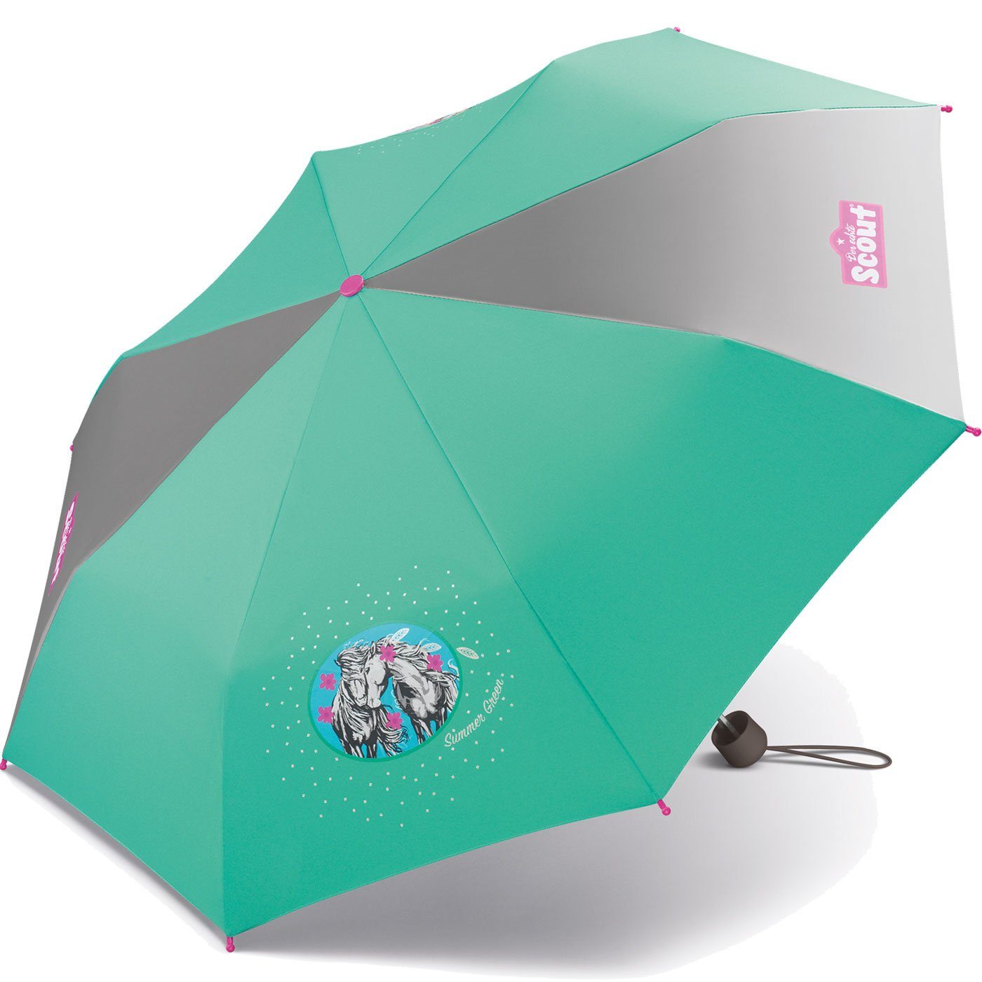 Kinderschirm Basic Mini Scout bedruckt, Taschenregenschirm reflektierend leicht türkis