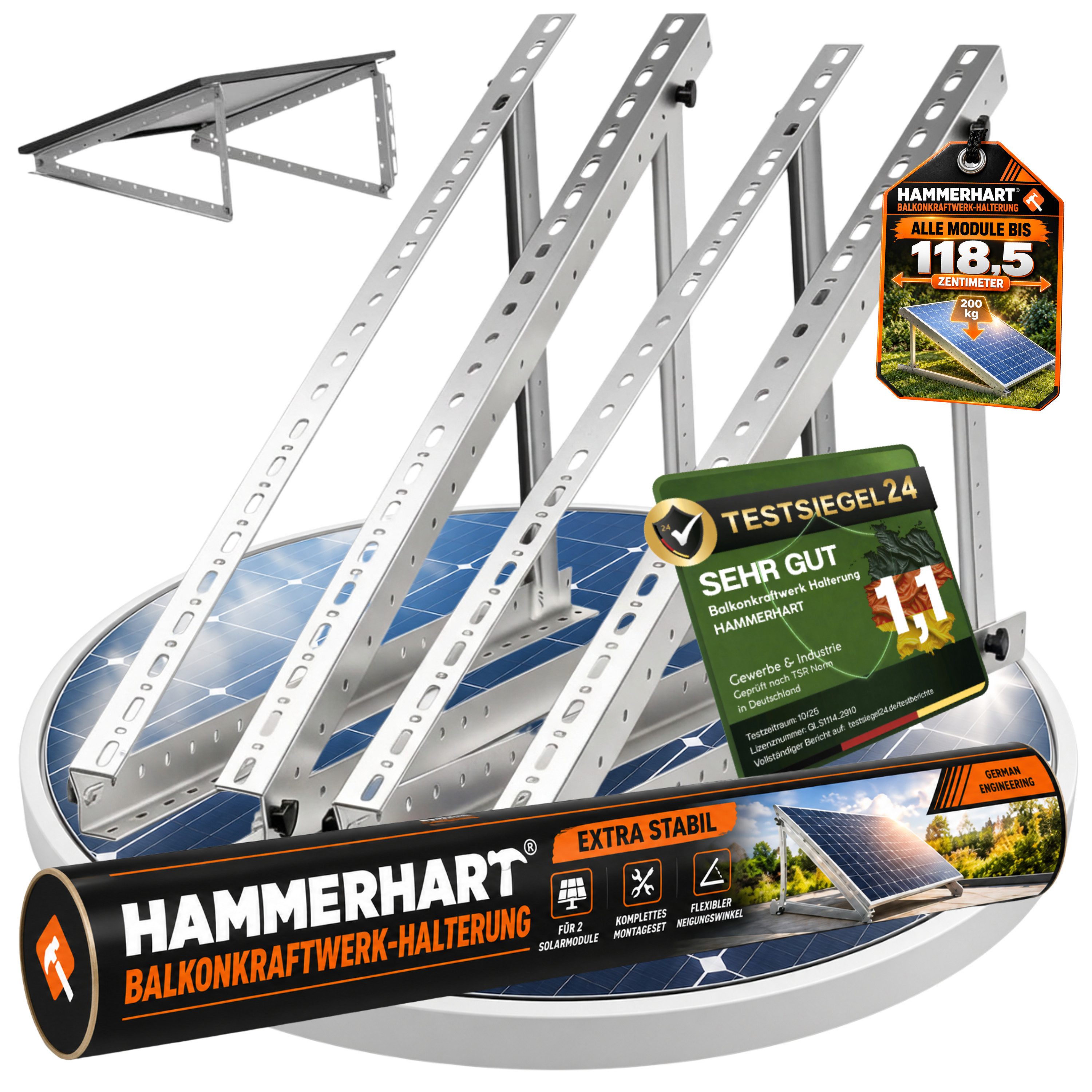 HAMMERHART Solarmodul-Halterung 4x Balkonkraftwerk Halterung 114,5 cm, Verstellbar 0–90° Extra Robust, (bis 90 Zoll, Premium Solarmodul Halterung für alle gängigen Module, Solarpanel Halterung für Panele bis 114,5 cm)