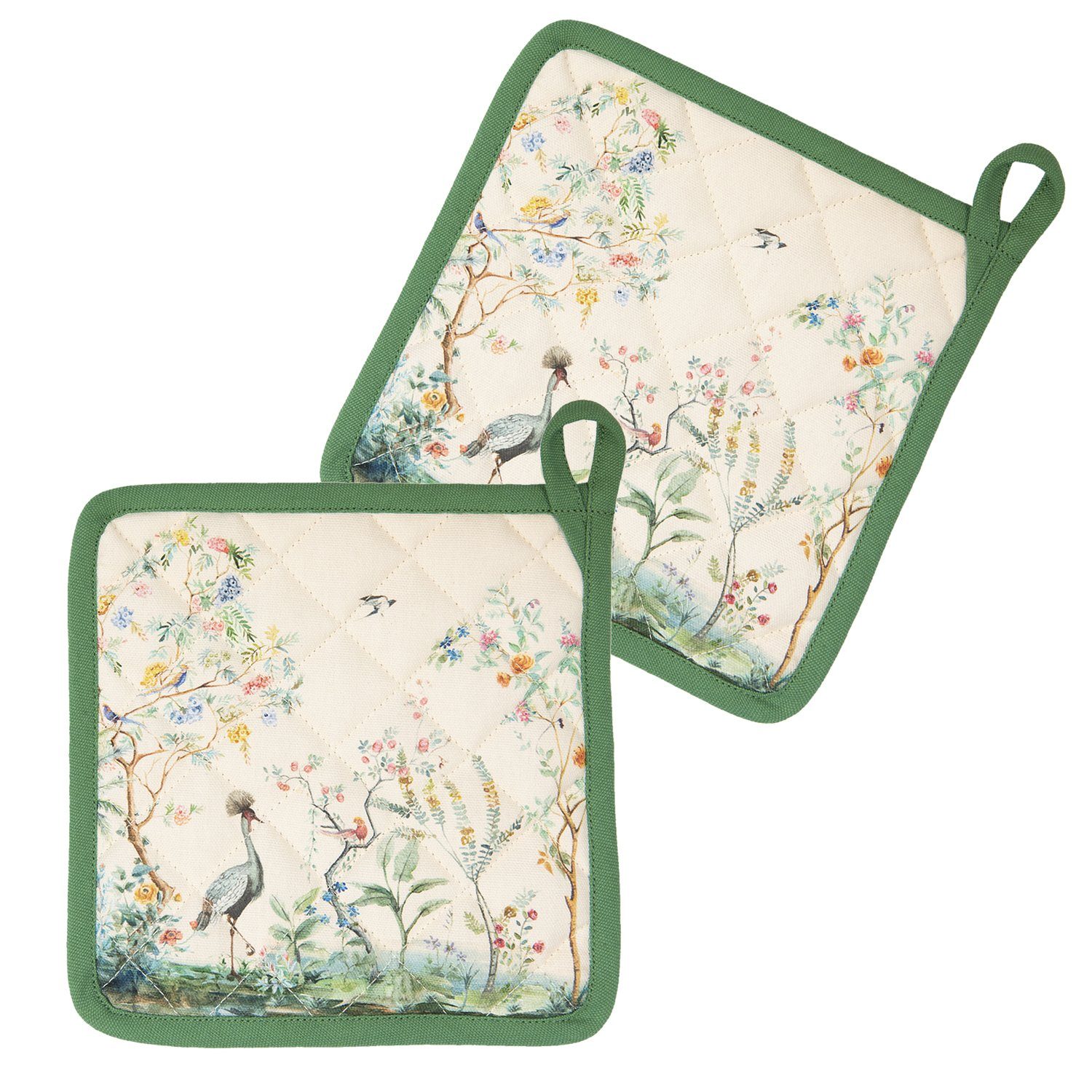 Clayre & Eef Topflappen Birds in Paradise, (Set, 2-tlg., 2-teilig), hitzebeständig wattiert Pfannen Untersetzer ca.20x20cm