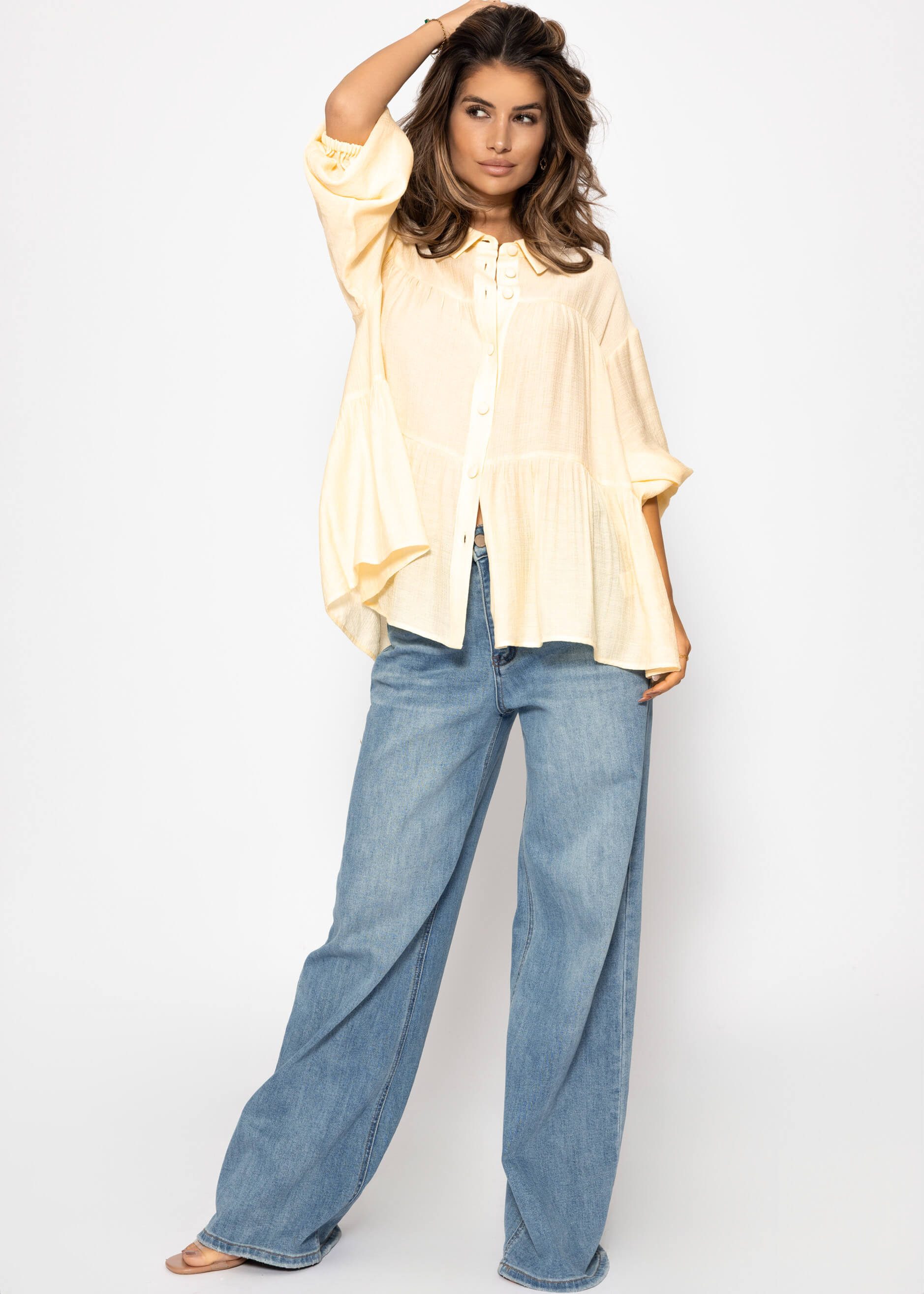 SASSYCLASSY Langarmbluse Oversize Bluse Damen aus Viskosemix mit Volants Langarm Damenbluse Leichte Hemdbluse Beige Schwarz Gelb Rosa Blau