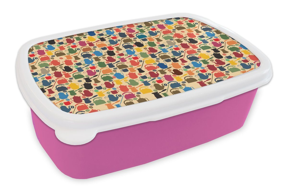 MuchoWow Lunchbox Muster - Kaffee - Teekanne - Retro, Kunststoff, (2-tlg), Brotbox für Erwachsene, Brotdose Kinder, Snackbox, Mädchen, Kunststoff rosa