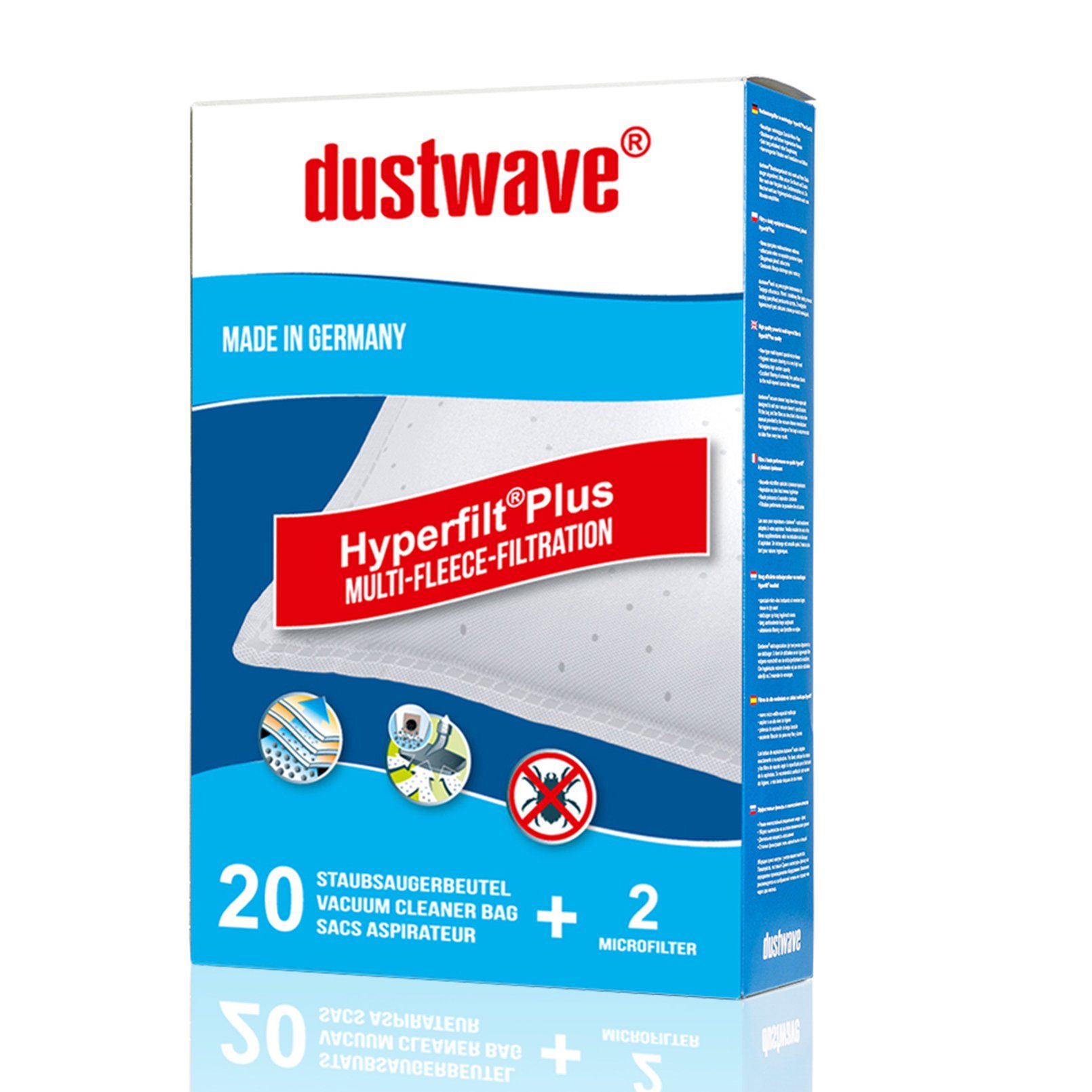 Dustwave Staubsaugerbeutel Megapack, passend für Base BA 2702, 20 St., Megapack, 20 Staubsaugerbeutel + 2 Hepa-Filter (ca. 15x15cm - zuschneidbar)