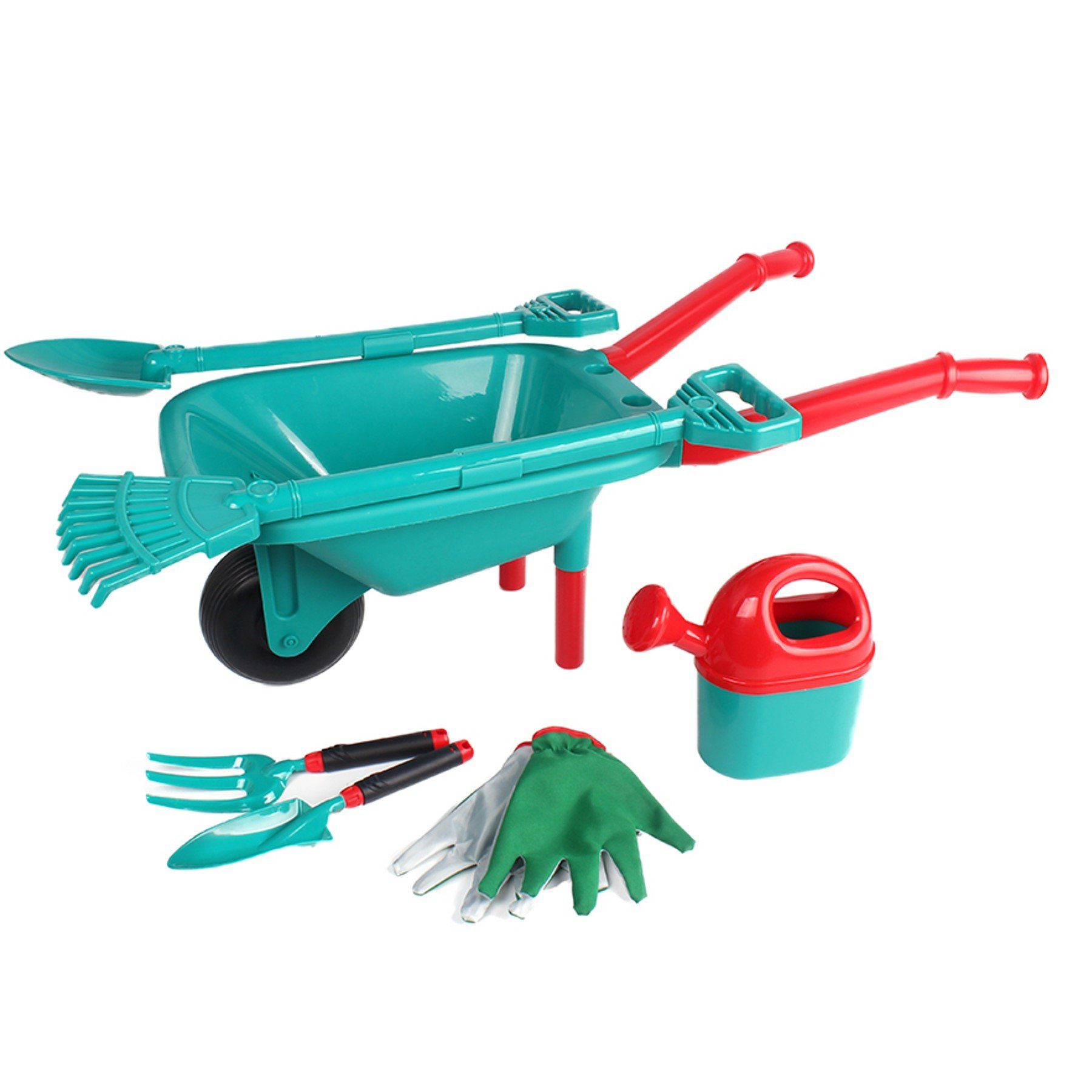 TikTakToo Kinder-Gartenset Schubkarre 7tlg mit Schaufel, Rechen uvm. Gartengeräte für Kinder, (kompettes Bauernhof Spielset, kompettes Bauernhof Spielset), Gießkanne, Forke, Spaten und Arbeitshandschuhe