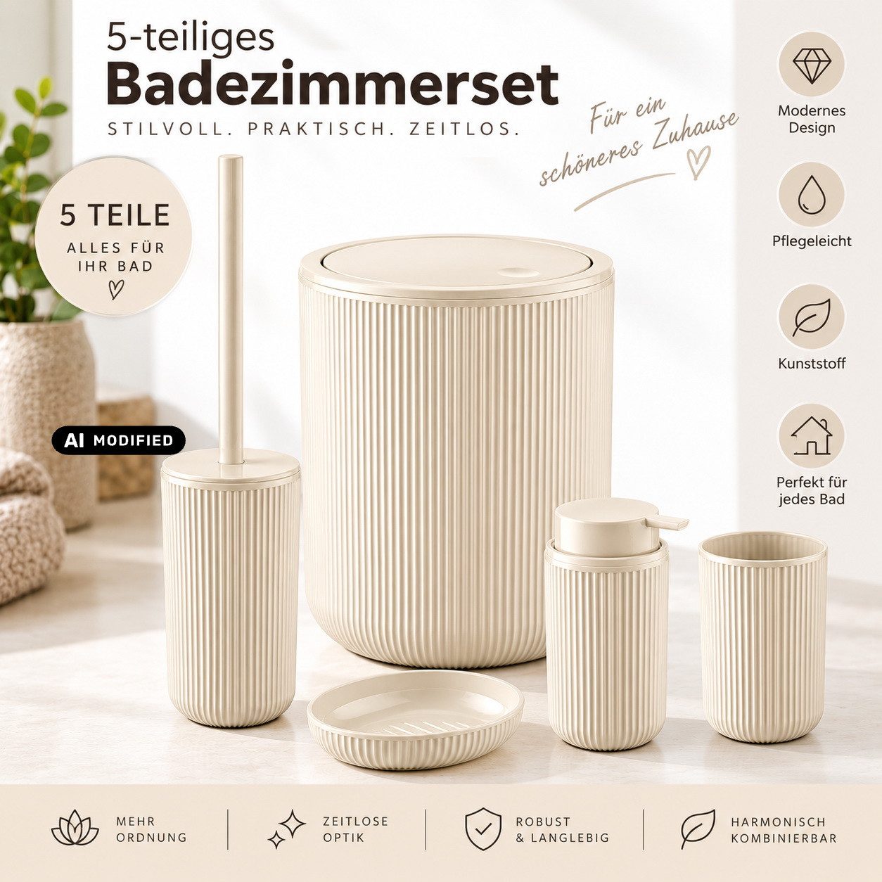 axentia Badaccessoire-Set Bad-Set Badezimmerset Badezimmer-Ausstattung, 5-teiliges Badset, Kosmetikeimer Seifenschale Seifenspender WC-Bürste Zahnputzbecher – Bild 2 von 5