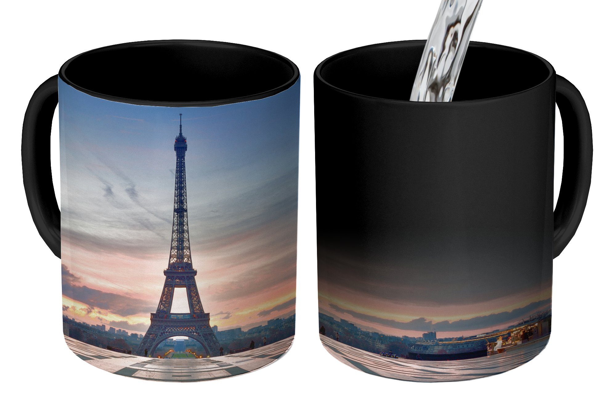 MuchoWow Tasse Der Eiffelturm vom Platz des Palais de Chaillot bei Sonnenuntergang, Keramik, Farbwechsel, Kaffeetassen, Teetasse, Zaubertasse, Geschenk