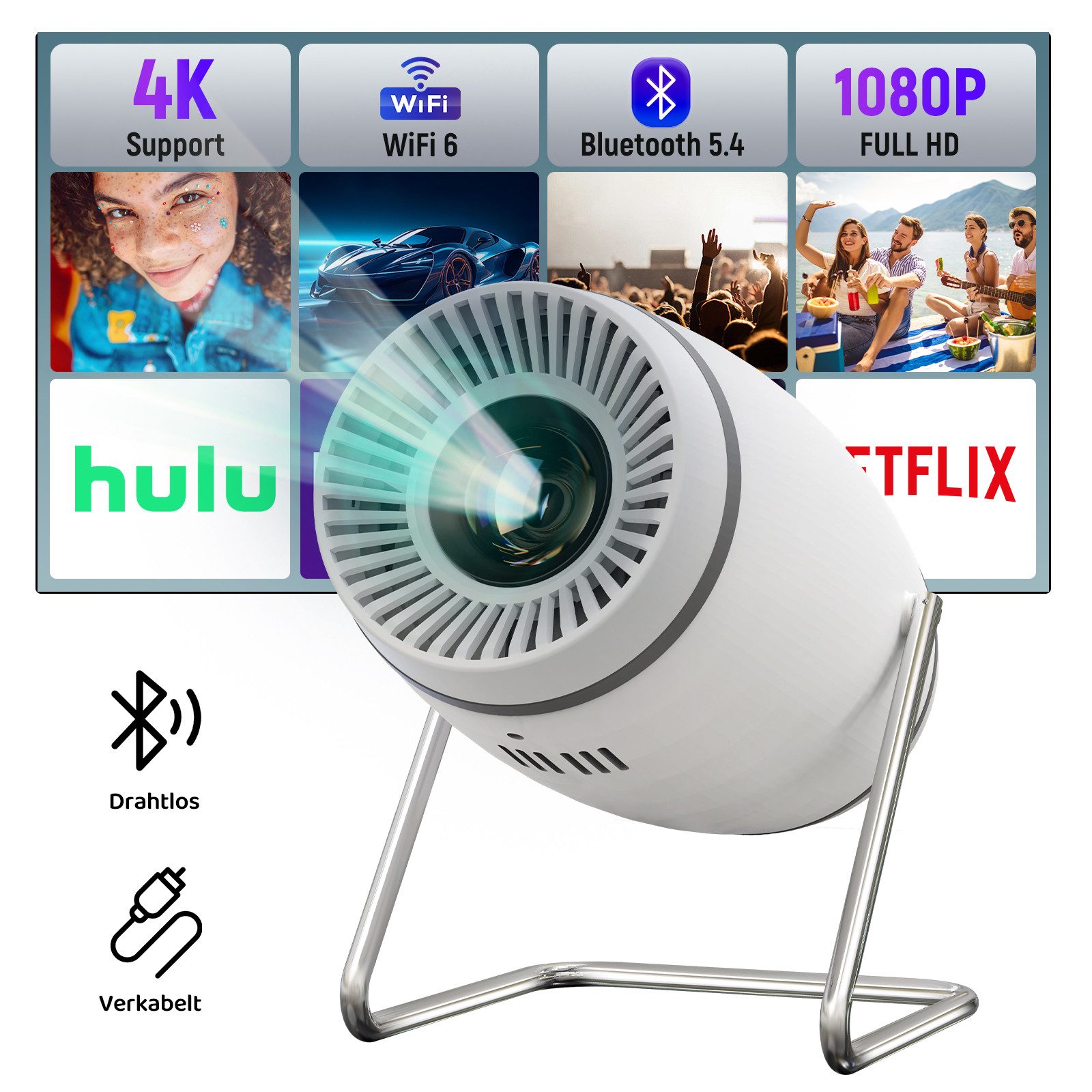 Happybe Mini-Projektor 130'' mit WiFi und Bluetooth 4K Unterstützung Beamer Portabler Projektor (1500:1, 1280*720 px)